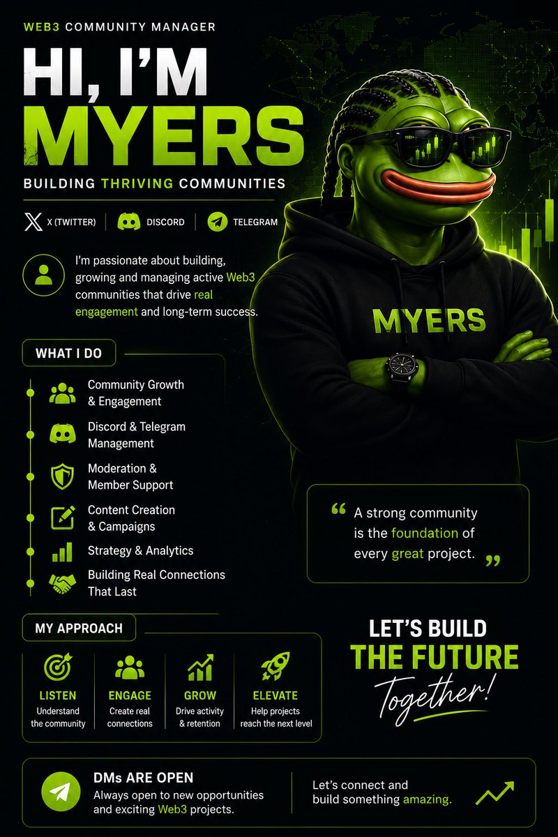 Myers609's tweet photo. 👋 Hi, I'm Myers
A Web3 Community Manager focused on building engaged communities across X, Discord &amp; Telegram.
🚀 Community Growth
🛡️ Moderation
💬 Engagement
📈 Content &amp; Campaigns
Passionate about helping Web3 projects grow through strong communities.
Open to collaborations.📩 https://t.co/BJQvdALdeI