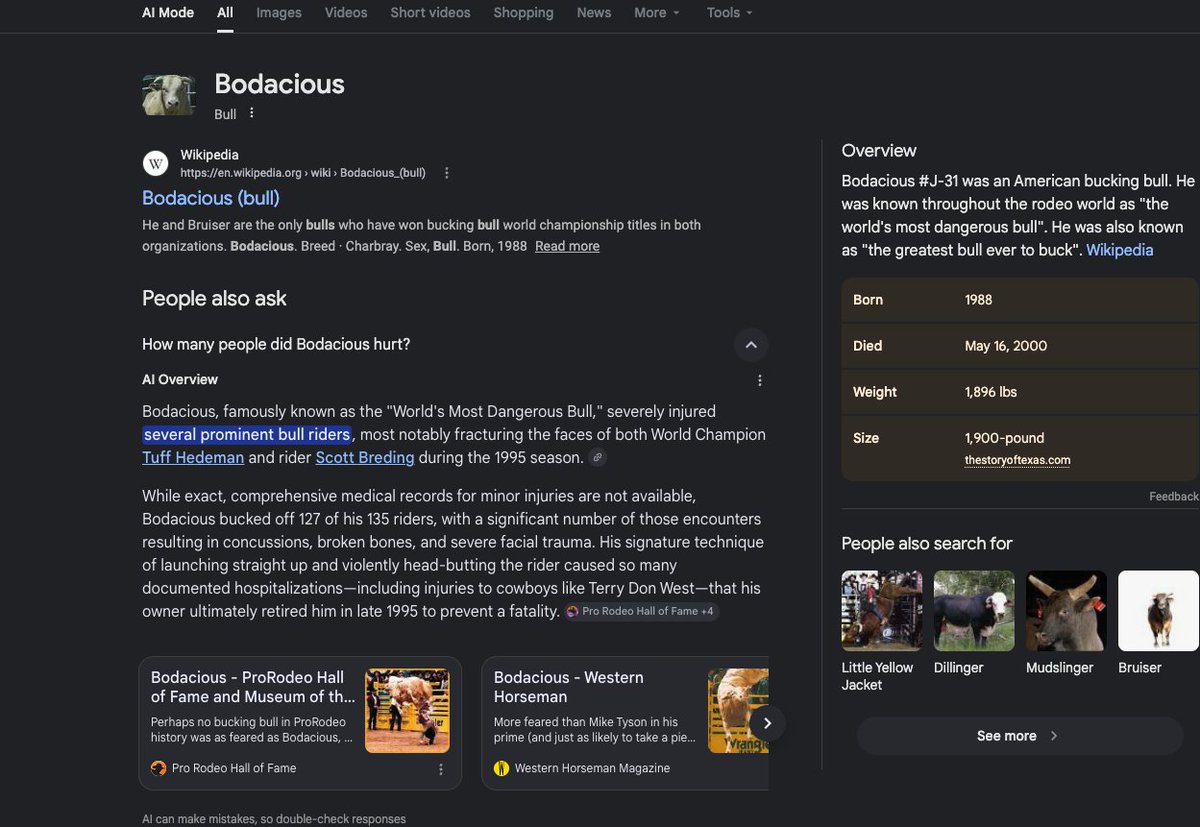sizeplayy's tweet photo. Just found crazy bull lore. 

Bodacious was arguably one of the most famous American bulls, known as the "Most Dangerous Bull" because he injured so many bull riders. 

Also known as, "The greatest bull to ever buck" 

Pretty crazy, & with the current meta, "Bodacious to a Buck" just sounds so perfect. 

There have been almost no unique/quality deploys in this meta, and i really feel like this one can be different.