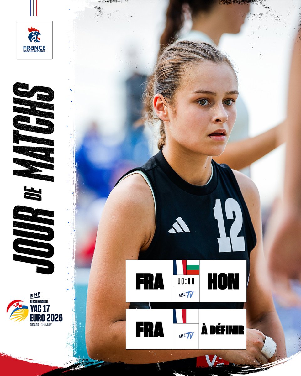 ffhandball's tweet photo. Jour de matchs ! 🏖️🔥
 
Dernier match du tour principal pour nos deux collectifs face à la Hongrie 🇭🇺💙
 
La suite du programme se précisera en cours de journée ⏳

📺 En direct sur EHFTV
 
#BleuetFier #BeachHandball #YAC17 #EHFEuro2026 https://t.co/Z8GAI63OXT