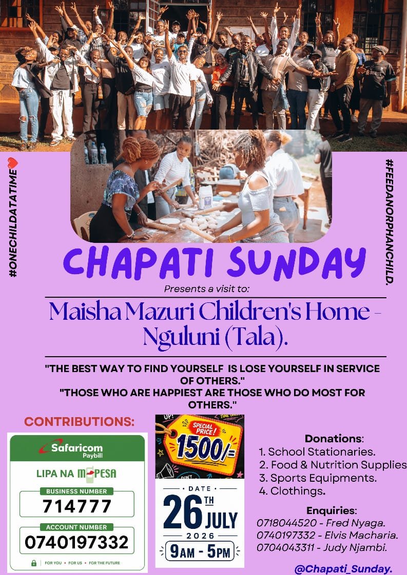 ChapatiSunday's tweet photo. "The best way to find yourself is to lose yourself in service." – Gandhi
This 26th JULY 2026, the #ChapatiSunday family is heading to Maisha Mazuri Children’s Home in Nguluni, Tala
we’ll cook, play, and share love with the kids.
#OneChildAtATime ❤️
#FeedAnOrphanChild https://t.co/t6xOkFJRWw