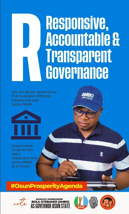 Onsogbu's tweet photo. AMBO's #OsunProsperityAgenda is built on three pillars that will transform Osun State: responsive governance, workers welfare, and economic empowerment for all. Under AMBO, governance will be people-centered, transparent, and accountable, ensuring that government remains open and responsive to the needs of every citizen at all times. 

He will prioritize workers welfare by ensuring prompt payment of salaries, improving working conditions, and restoring dignity in public service, while driving job creation through public works programmes, enterprise support, and strategic investments. 

He will also create opportunities for economic growth through support programs for SMEs, youth, and women, ensuring that opportunity is within reach for everyone, not just the politically connected. This is governance with a human face. This is leadership that delivers. This is AMBO. Let us work together so Osun may prosper.

#BridgeToModernOsun #AmboAtide