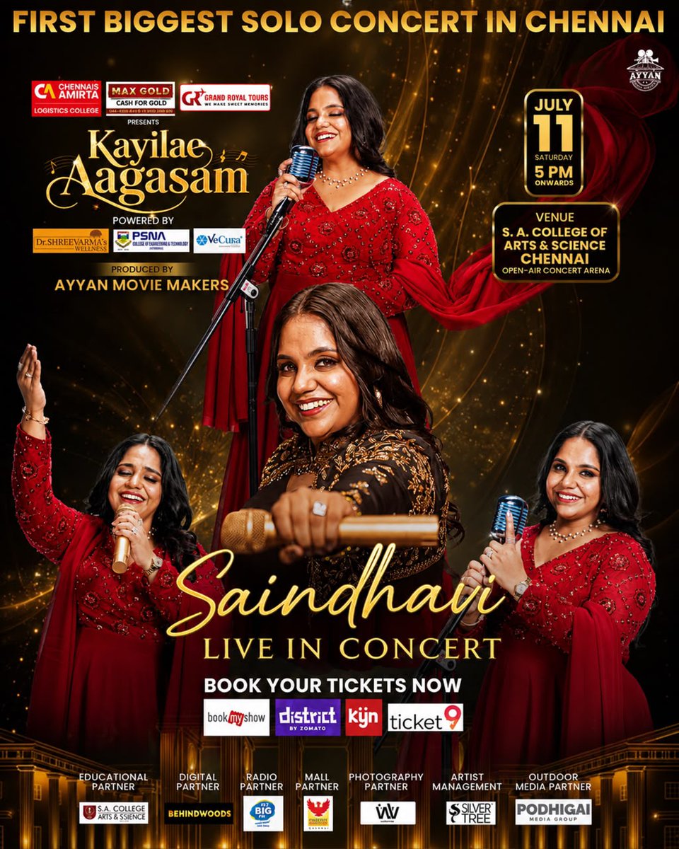 behindwoods's tweet photo. 🚨 JULY 11, 2026 | CHENNAI 🚨

The long wait is over! ❤️‍🔥

🎤 KAYILAE AAGASAM – SAINDHAVI LIVE IN CONCERT

Experience the magic of one of South India’s most beloved voices in her BIGGEST SOLO CONCERT EVER IN CHENNAI!

📅 Saturday, July 11, 2026
🕔 5 PM Onwards
📍 Open Air Concert Arena, S.A. College of Arts & Science, Chennai

✨ Thousands of fans. Countless memories. One magical voice.

🎟️ Grab your tickets now in Book by Show, District, KYN & MDnD.  

@saindhaviofficial @ayyan_moviemakers @biglivechennai @silvertreeoffl

#KayilaeAagasam #SaindhaviLiveInConcert #AyyanMovieMakers