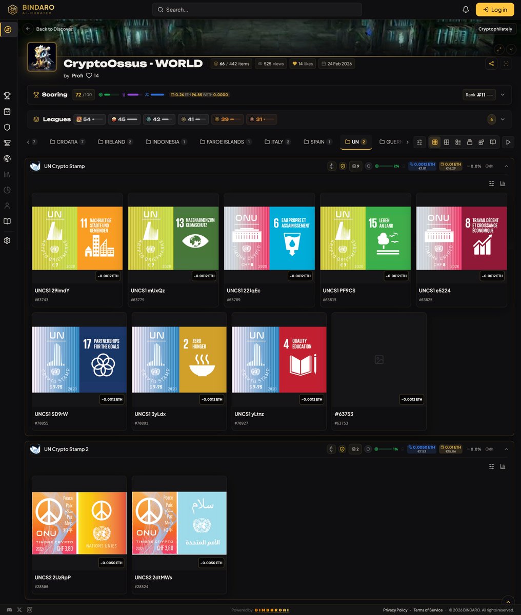 bindaro_io's tweet photo. 🌍📮 UN Crypto Stamp, the United Nations Postal Administration’s first crypto-stamp issue from 24 Nov 2020.

Physical mini-sheets, hidden claim codes, Ethereum activation and SDG-themed variations make it a true landmark for cryptophilately collectors. The collection looks beautifully and professionally showcased on Bindaro, with the UN and Sustainable Development Goals design language giving it real archival presence.

Explore and showcase your digital collection with Bindaro ✨👇
https://t.co/BPZXkaJX2q

#Bindaro #CryptoStamp #Cryptophilately #NFTStamp #DigitalCollectibles #Philately #StampCollecting #Web3Collectors