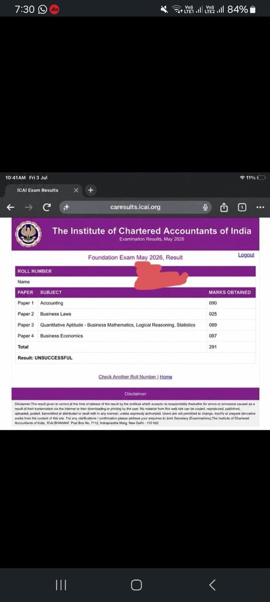 prof_dhoomk2's tweet photo. Three papers total 266 marks.
One paper 25 marks.
Total marks 291
Result: Unsuccessful. That's CA.
You can excel in 3 subjects and still fail the exam.
#ICAI #CAResults #CAFoundation #CharteredAccountants https://t.co/uUXEbI8PYW