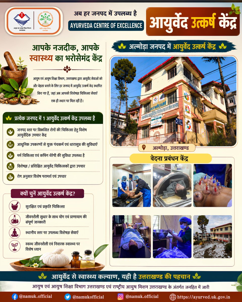namukofficial's tweet photo. 🌿 Discover holistic healing at the Ayurveda Centre of Excellence, Almora. Expert Ayurvedic care, Panchakarma, Shirodhara, Cupping Therapy &amp; more—bringing quality AYUSH services closer to every citizen.
#Ayurveda #Almora #AYUSH #NAMUttarakhand #Panchakarma #NaturalHealing #pain https://t.co/fR3vslzP2E