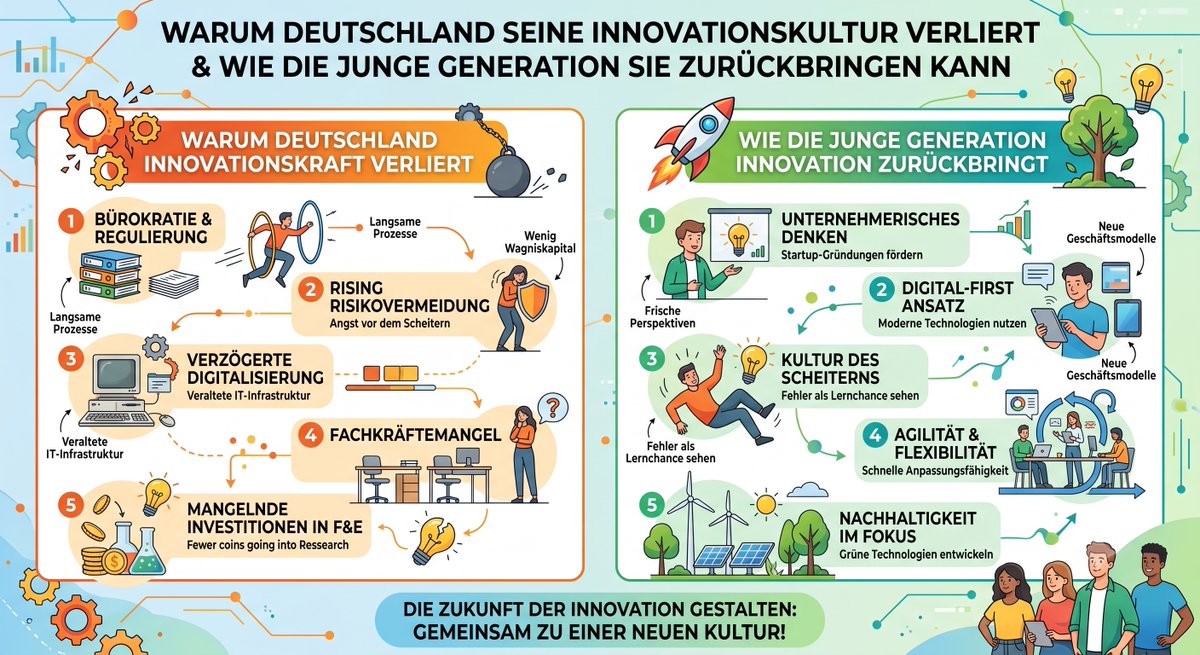 Gerald_Lembke's tweet photo. "Deutschland hat kein Ideenproblem. Es hat ein Umsetzungsproblem". Diesen Satz hört man immer öfter.

Der Global Innovation Index hat Deutschland 2025 aus den Top 10 geworfen. Platz 11, hinter Südkorea, Finnland und Dänemark.

Noch deutlicher zeigt es eine Bertelsmann-Studie: Nur noch 13 Prozent der deutschen Unternehmen zählen zur innovationsstarken Spitze. 2019 war es noch jedes vierte Unternehmen.

Die Patentzahlen sehen dabei stabil aus. Trügerisch. Deutschlands Anteil an den weltweiten Patentanmeldungen ist seit 2000 um fast 7 Prozentpunkte gesunken. Andere Länder wachsen einfach schneller.
Ich habe für die TextilWirtschaft ein Interview zur Innovationskultur in Deutschland gegeben und die Recherche dazu in einem Artikel vertieft. Meine These: Wir diskutieren über das falsche Thema.

Wir streiten, ob die junge Generation diszipliniert genug ist. Die eigentliche Frage lautet: Wie nutzen wir ihre Stärken, bevor sie das Land verlassen?
210.000 junge Deutsche verlassen jährlich das Land. Zwei Drittel der Beschäftigten denken laut einer aktuellen Umfrage über einen Job im Ausland nach. Bei KI-Fachkräften ist die Zuwanderung nach Europa seit 2022 fast halbiert.

Gleichzeitig melden über die Hälfte der deutschen Unternehmen erheblichen Nachholbedarf bei digitalen Kompetenzen. Genau dort, wo junge Talente ihre Stärke haben.

Im Artikel gehe ich sechs konkreten Fragen nach: Warum Effizienz vor Innovation steht. Was Gen Z wirklich von Führung erwartet. Und wie sich die Blockade zwischen zögerndem Management und veränderungsbereitem Nachwuchs lösen lässt.

Den ganzen Artikel gibt's hier: https://t.co/GmZGQoUCHV

Wie öffnet sich Ihr Unternehmen heute schon für die Perspektiven junger Talente?

#geraldlembke #digitalemedienstudieren #kiprojektbegleitung