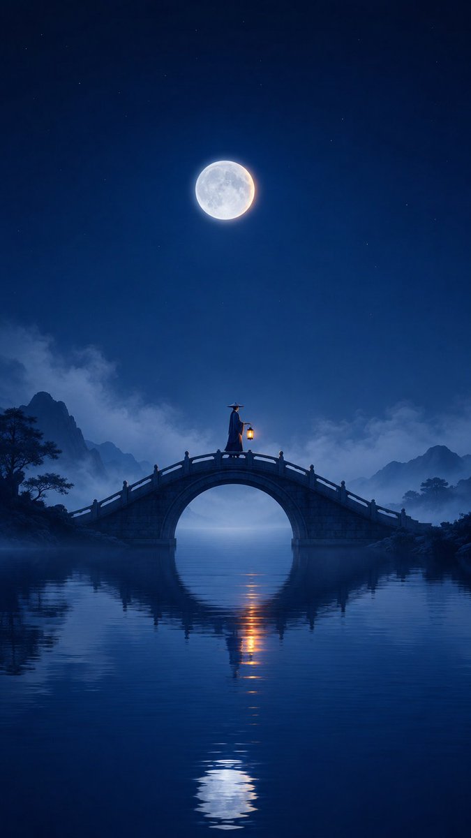 Oriental Zen Moonlit Bridge Poster