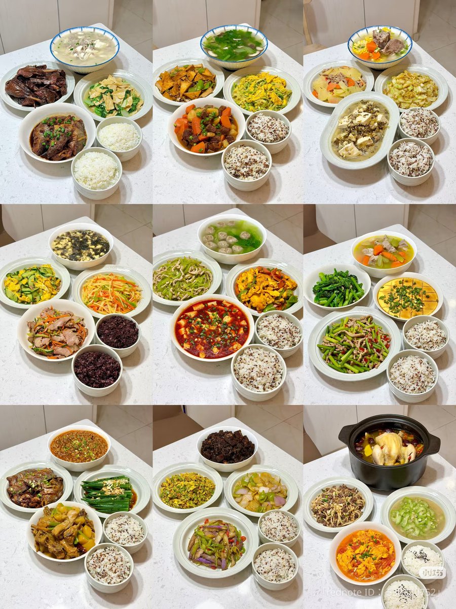 immonnu's tweet photo. 中国人やっぱ食べる量が日本人よりかなり多い気がする。私が子どもだった90年代もこんなに豪華じゃなかったけど一汁三菜以上(サラダとか冷菜じゃなくて全部ガッツリ系オカズと、タンパク質が必ず入ってる汁物)と白飯だったから、今はもっと質も良くなってるだろうから確かに身長伸びるかも。 https://t.co/l5VKUt7UqG