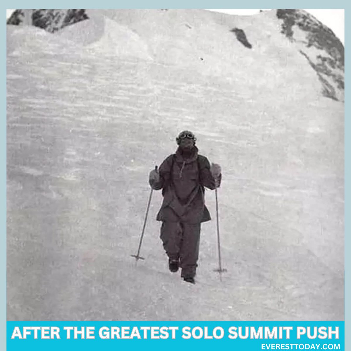 EverestToday's tweet photo. Taken on this day, 4 July 1953, Hans Ertl captured Hermann Buhl as he staggered back toward Camp V after completing the first ascent of Nanga Parbat (8,126 m). His face tells the story long before any words can.

Just hours earlier, Buhl had stood alone on the summit after a 17-hour solo climb from Camp V, without supplementary oxygen, a rope partner, or Sherpa support. Darkness trapped him high on the descent, forcing him to spend the night standing on a tiny ledge at nearly 8,000 metres. With a broken crampon, severe dehydration, frostbitten feet, and hallucinations brought on by exhaustion, he resumed his descent at first light. After 41 continuous hours, he finally reached camp, where Hans Ertl made this unforgettable photograph.

More than seventy years later, this image remains far more than a portrait. It is the face of a man who defined what was possible in the Himalayas. No other climber has ever made the first ascent of an 8,000-metre peak alone, making Buhl's achievement one of mountaineering's standard.

Photo ©: Hans Ertl.