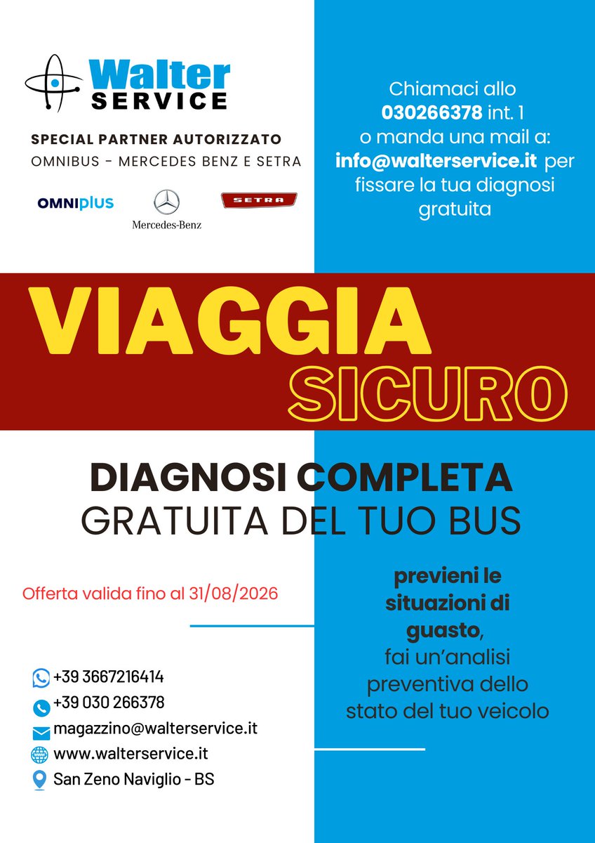 WalterServiceBS's tweet photo. DIAGNOSI GRATUITA
al tuo BUS MERCEDES &amp; SETRA
VIAGGIA SICURO – Previeni le situazioni di guasto!

Siamo a San Zeno Naviglio - BRESCIA

Contattaci per avere maggiori info: 
Tel: 030266378 
WA: 3667216414
Mail: magazzino@walterservice.it

Vai alla promo:
https://t.co/rZoqBkqSOy https://t.co/YWth3VPTi7