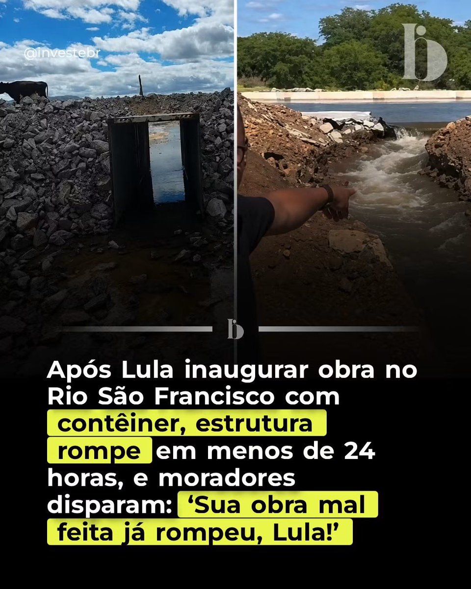 paulazanelli's tweet photo. É sério isso!? Confere produção?

Poucas horas depois da solenidade de abertura do Túnel Major Sales, localizado no Ramal do Apodi, com a presença do presidente Luiz Inácio Lula da Silva, residentes de Uiraúna, Paraíba, reportaram inundações e um desabamento parcial nas laterais de um canal. 

Os incidentes levantam sérias dúvidas sobre a integridade da obra que acabou de ser concluída.

Registros visuais divulgados mostram ainda um contêiner sendo empregado para direcionar o fluxo hídrico durante o funcionamento do túnel, o que provocou forte repercussão negativa e críticas por parte dos internautas nas plataformas digitais.

Até o momento, o governo federal não emitiu nenhum comunicado oficial a respeito dos problemas ocorridos. Equipes técnicas estão sendo mobilizadas para inspecionar os estragos, determinar a extensão dos danos e planejar as ações de reparo necessárias.