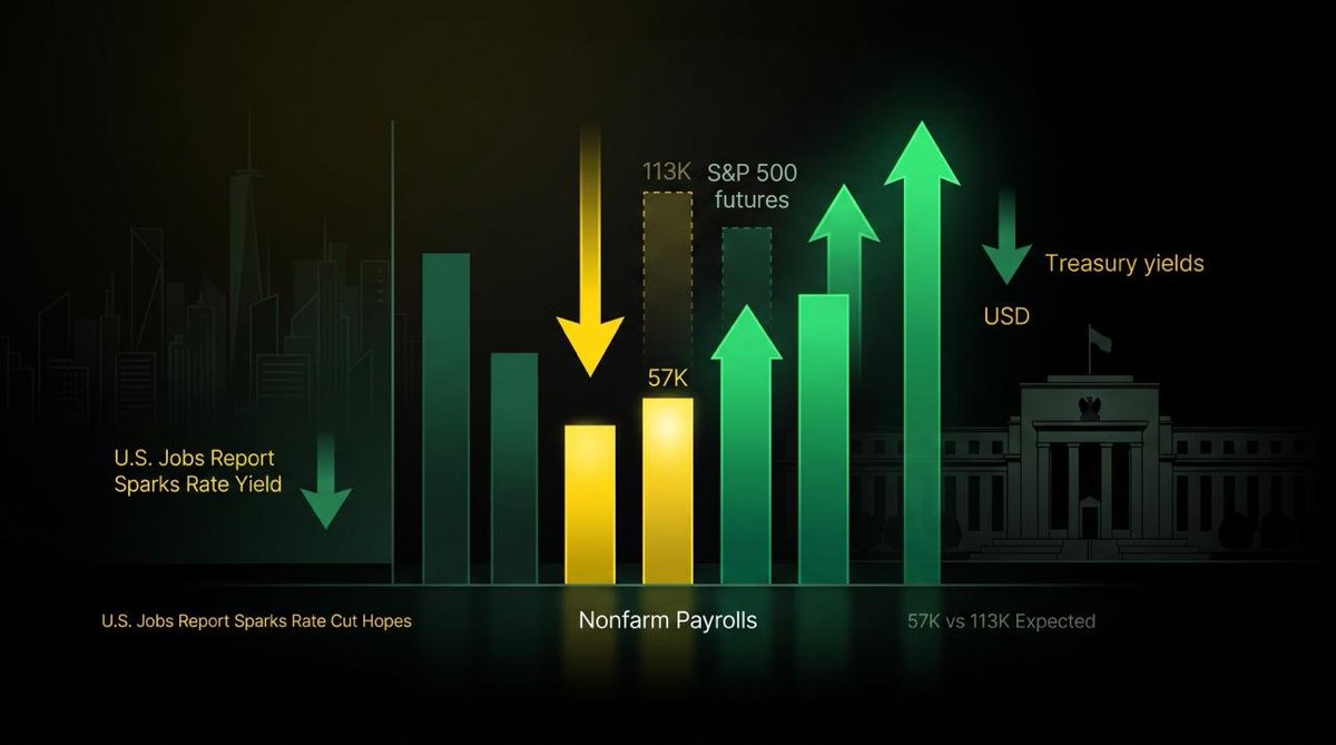 VAYLAOfficial_'s tweet photo. U.S. Jobs Report: Mixed Signals Spark Rate Cut Hopes

Nonfarm Payrolls came in at just 57K (well below 113K expected), while the Unemployment Rate held at 4.2% and Average Hourly Earnings rose +0.3% MoM.

Hiring slowed sharply and labor force participation declined, but markets are pricing in faster Fed easing:

• S&P 500 futures ▲
• Treasury yields ▼
• U.S. Dollar ▼

Focus now shifts from labor market strength to the pace of monetary policy relief.

What’s your take on the next FOMC move?