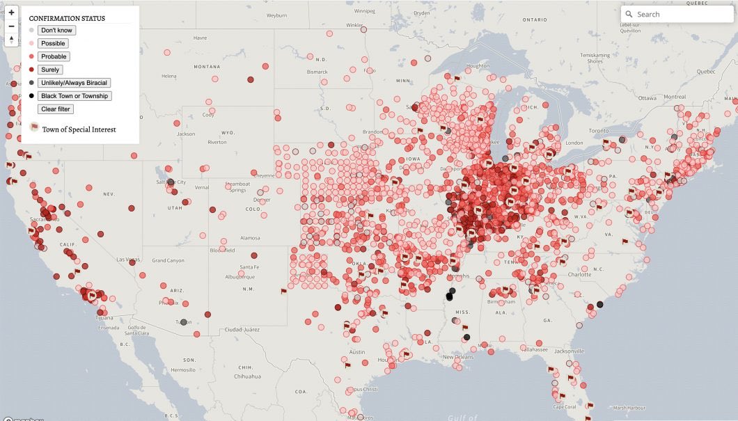 Brooks84Tx's tweet photo. @CashewClover @TheRedYeti1977 @anonettttte @LFRFamily Well, according to this map that was done, the south is not where you’re more likely to come across a suspected sundown towns. https://t.co/Om3NUVqAMS