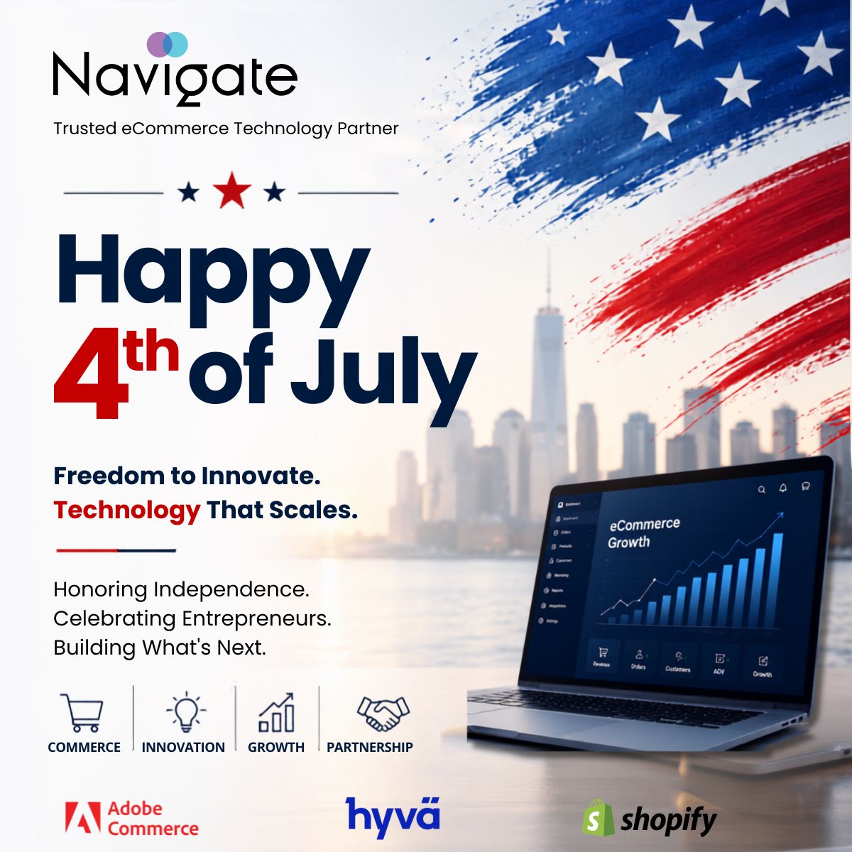 NavigateAgency's tweet photo. Happy 4th of July! 🇺🇸

Here's to the freedom to innovate, build, &amp; grow

Wishing our clients, partners, &amp; the entire U.S. eCommerce community a safe and wonderful Independence Day

The Navigate Commerce team wishes you a Happy #independenceday!

#Magento #AdobeCommerce #eCommerce https://t.co/VLQsso8iVz