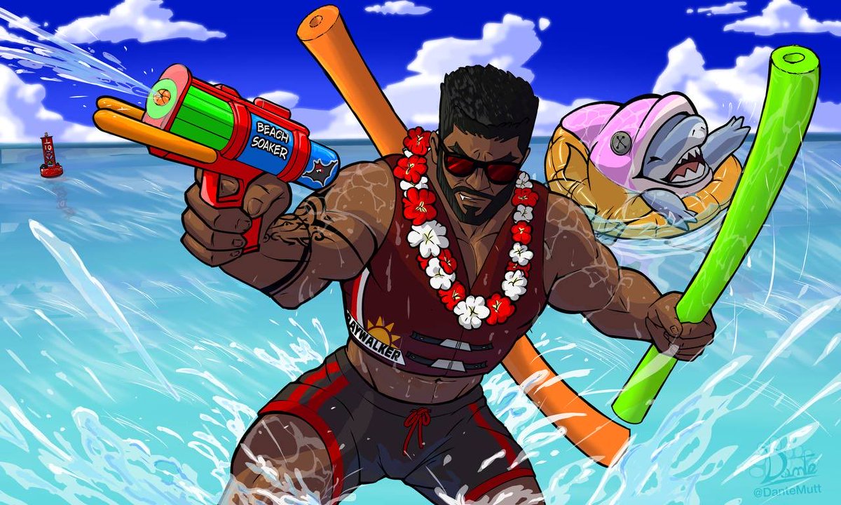 MuttDante's tweet photo. Blade and Jeff are having some summer fun in the water! Blade is in a water dual with someone, while wearing his new summer fit! (Designed by me!) #MarvelRivals #RivalsCreate #RivalsSummer https://t.co/JXG3a7vy5A