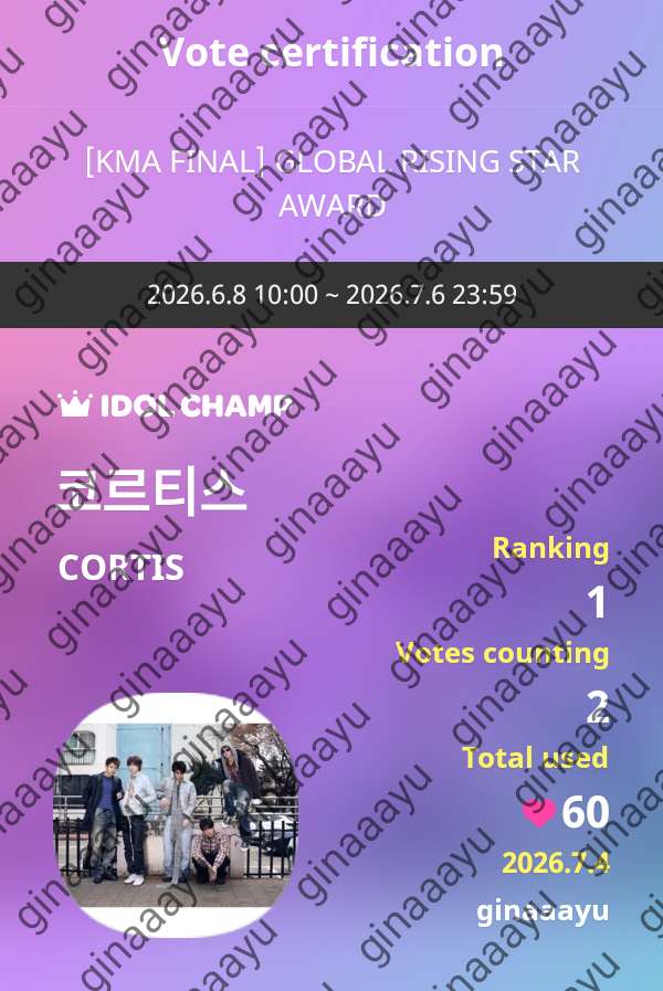 ayu462263's tweet photo. IDOLCHAMP 아이돌챔프
코르티스 CORTIS 투표 완료🗳️
https://t.co/9n3H0fr8Am https://t.co/KUXe9M3Ocw