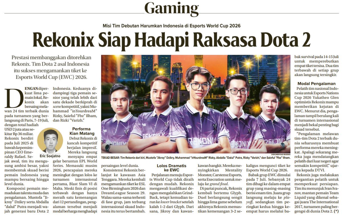 ericsoe79's tweet photo. Best of luck @rekonixofficial in @EWC_EN 

Published on Jawa Pos Newspaper today https://t.co/QjHhqQRPVW