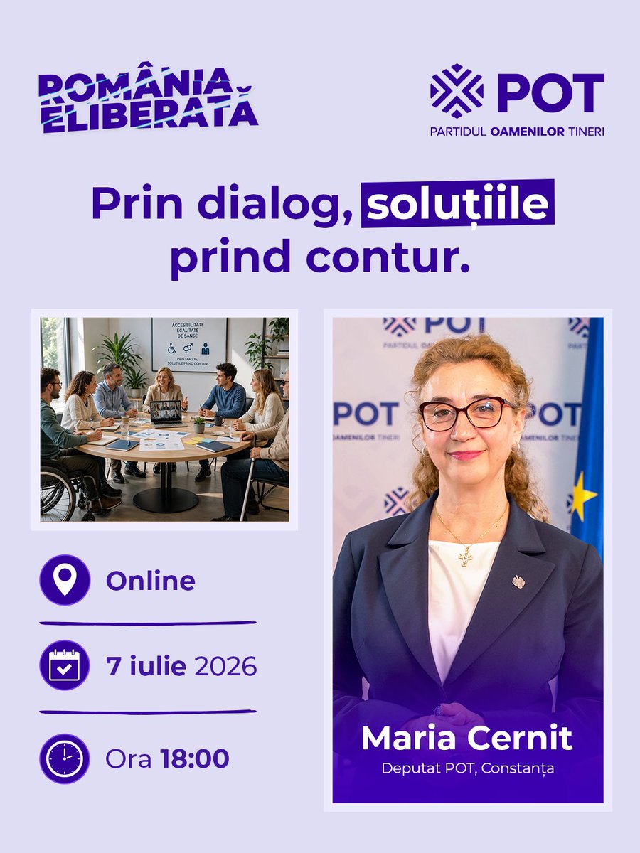 PartidulPOT's tweet photo. Mai sunt doar câteva zile până la întâlnirea online dedicată accesibilității și egalității de șanse.

Dincolo de statistici și politici publice, există oameni care se confruntă, zi de zi, cu obstacole ce le limitează accesul la servicii, oportunități și o viață independentă. Pentru ca aceste realități să se schimbe, este esențial să le înțelegem și să le discutăm deschis.

Maria Cernit, președintele Comisiei pentru egalitatea de șanse pentru femei și bărbați din Camera Deputaților, deputată POT, te invită pe 7 iulie la o întâlnire în care experiențele, întrebările și propunerile participanților vor sta în centrul dialogului.

📅 7 iulie
💻 Online, pe Zoom
⏱️ Durată: 1h 30 min

Dacă dorești să participi, lasă-ne un comentariu. Ne dorim ca această întâlnire să fie mai mult decât o discuție: să fie începutul unor pași concreți.

#partiduloamenilortineri #accesibilitate #egalitatedesanse #romania #romaniaeliberata