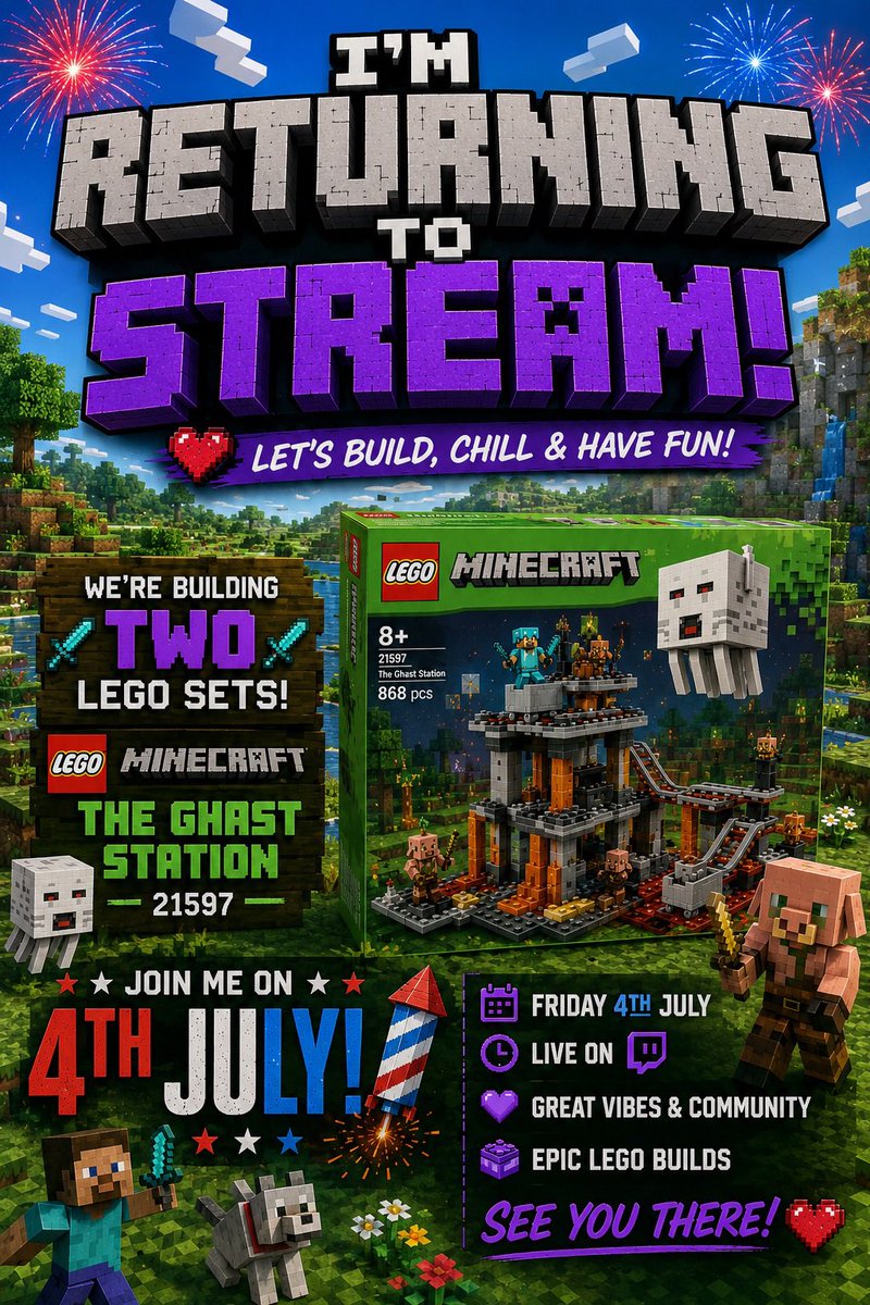 M1sterAG's tweet photo. We're back!
Join us live tonight at 7:00 PM BST as we kick things off by building the LEGO Minecraft Ghast Station.
Be sure to tune in from the start we've got a special announcement you won't want to miss.
See you tonight!
#LEGO #Minecraft #MinecraftLEGO #LEGOBuilder #LiveStream https://t.co/DswOBvd2k8