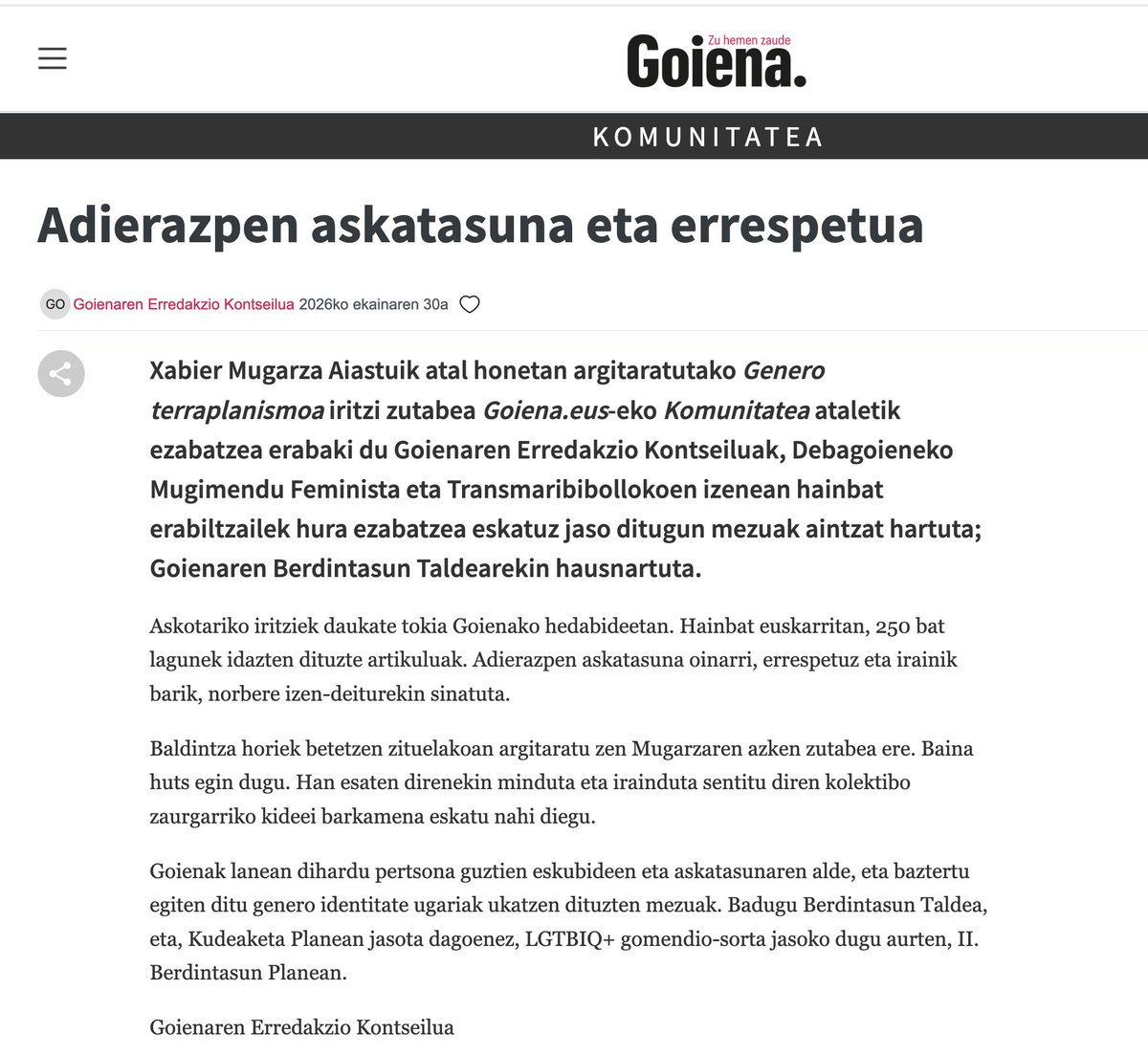 GotzonAr's tweet photo. Ni ere ez nago ados Goienak Mugarzari (zeinarekin ia beti desados nagoen, portzierto) egindako zentsurarekin. Hona idatzi duena eta egin diotena #Goiena #Mugarza #queer https://t.co/qVRSfymxsI