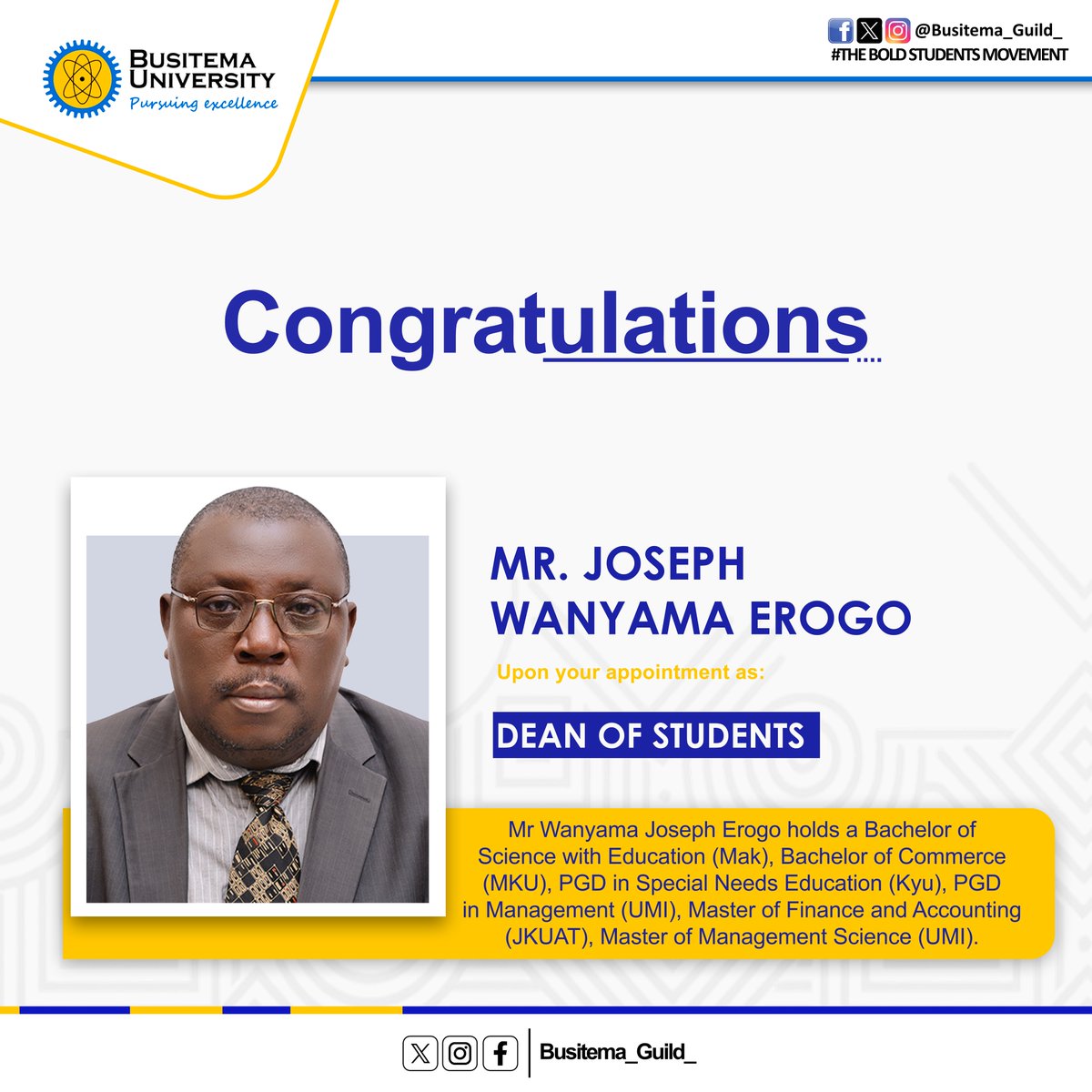 Busitema_Guild_'s tweet photo. Appointment of the Dean of Students effective 1st July 2026
Congratulations Mr. Joseph Wanayama
@BusitemaUni @ConvoBU @ProfPaulWaako @Saphinabiira @KOnesmus73648 https://t.co/ycd84sQRkz