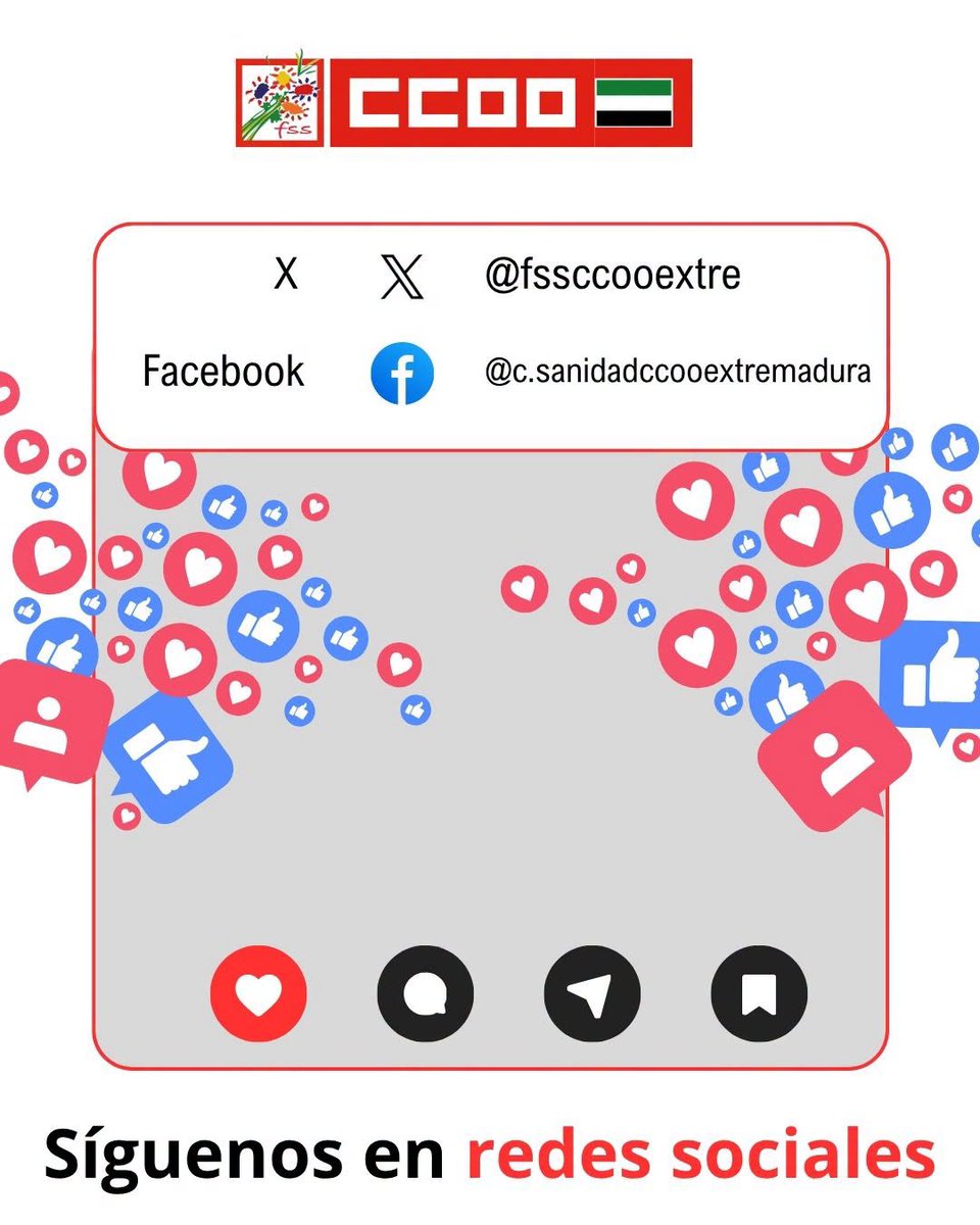 fssccoo's tweet photo. @fssccooand @FSSCCOOAragon @DeliaLizana @fsasturiasarea5 @fsasturiasarea6 @fsasturiasarea4 @fsasturiasccoo @fsscanarias @CCOOSanidadCant @FSSCCOOCYL @CCOOsanitat @FSSCCOOCLM 🫴 Seguimos facilitando los perfiles institucionales en redes sociales de la FSS-CCOO
➡️ Aquí tienes los de la FSS-CCOO Extremadura
#SaltaALaRed https://t.co/RU0KWQk47P
