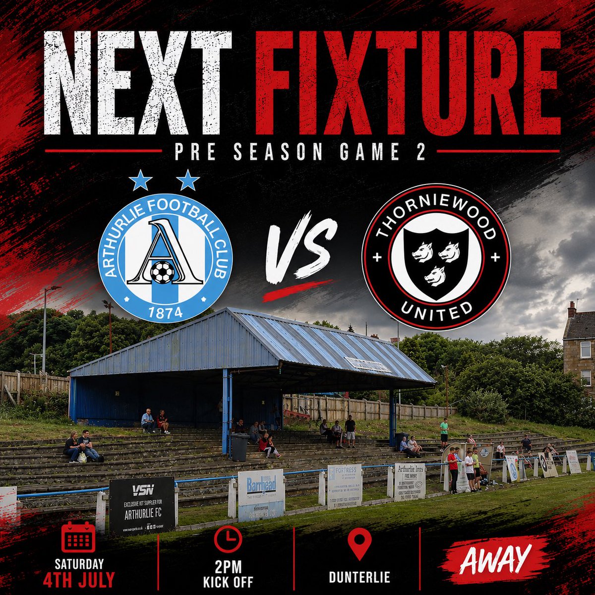 Thorniewood's tweet photo. 🔴⚫️ GAME DAY 🔴⚫️

Pre-season continues this afternoon as we travel to face Arthurlie in our second game of the summer ☔️ 

🆚 @ArthurlieFC 
📅 Saturday 4th July
⏰ 2PM Kick-Off
📍Dunterlie Park

Another important 90 minutes ahead as we continue building towards the new season! https://t.co/YyxSMk1GJo