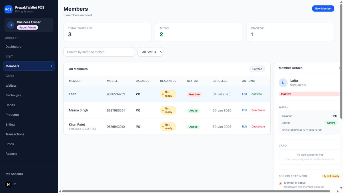 LaxmiCodes's tweet photo. Prepaid Wallet System
Members module done  Parallel $in queries for wallets/cards, computed readiness badges, and countDocuments() for instant stats. 
Week 5: Cards—member assignments will automatically flip readiness to green. #buildinpublic #NextJS #MongoDB https://t.co/4sL5UnUXVt