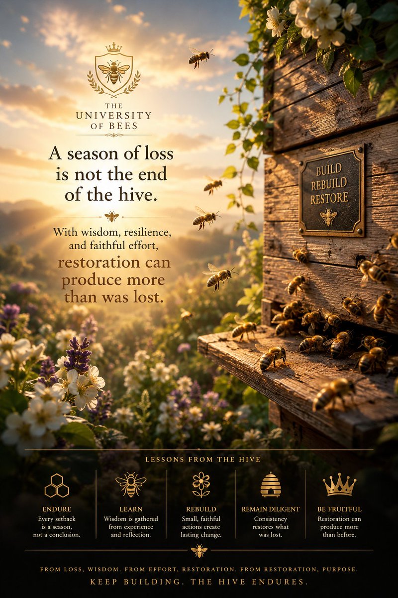 AlakeBeeFarm's tweet photo. A damaged hive doesn't surrender. 
The bees rebuild, the queen lays again, flowers bloom anew and life returns. 
Setbacks aren't your final chapter. Learn from the loss, rebuild with purpose and remain diligent. 
True restoration rewards those who refuse to abandon their calling https://t.co/Rmb4JmCgWc