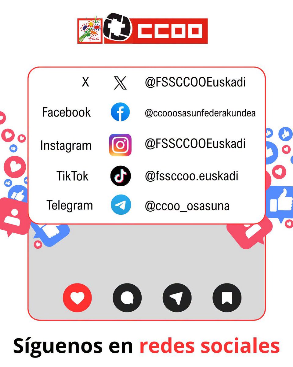 fssccoo's tweet photo. @fssccooand @FSSCCOOAragon @DeliaLizana @fsasturiasarea5 @fsasturiasarea6 @fsasturiasarea4 @fsasturiasccoo @fsscanarias @CCOOSanidadCant @FSSCCOOCYL @CCOOsanitat @FSSCCOOCLM @fssccooextre #SaltaALaRed y sigue a la FSS-CCOO Euskadi en todas su redes sociales
👁️⬇️ https://t.co/d3O2WJr1MZ