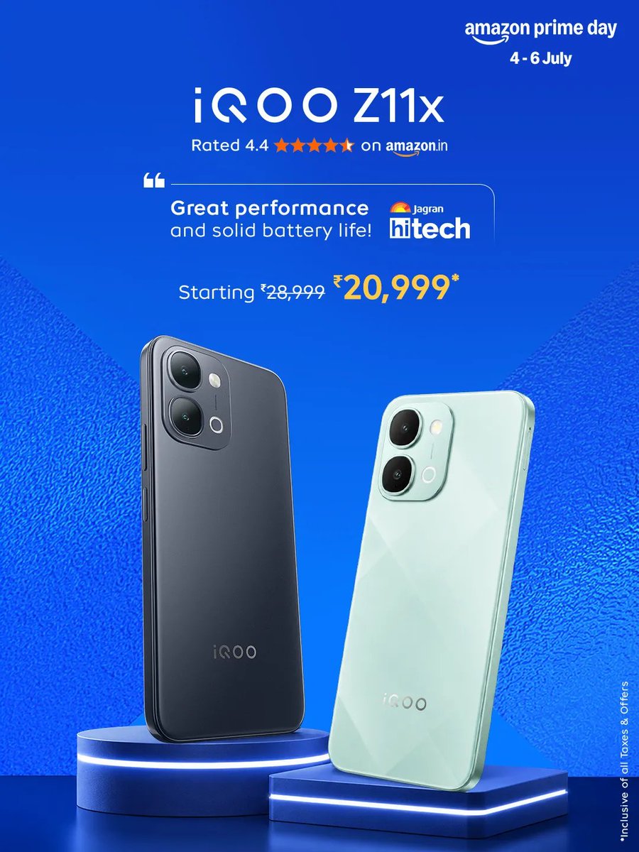 IqooInd's tweet photo. Prime Day just got a whole lot faster. ⚡

The iQOO Z11x is now available at a special Prime Day price.

Starting at ₹20,999* from 4th–6th July.
Big performance. Bigger savings. Don't miss out.

*Inclusive of taxes and offers.

#AmazonPrimeDay #iQOOZ11x #iQOO #Mediatek #Performance 

[ Smartphones, Amazon Prime Day, Gaming, Performance ]