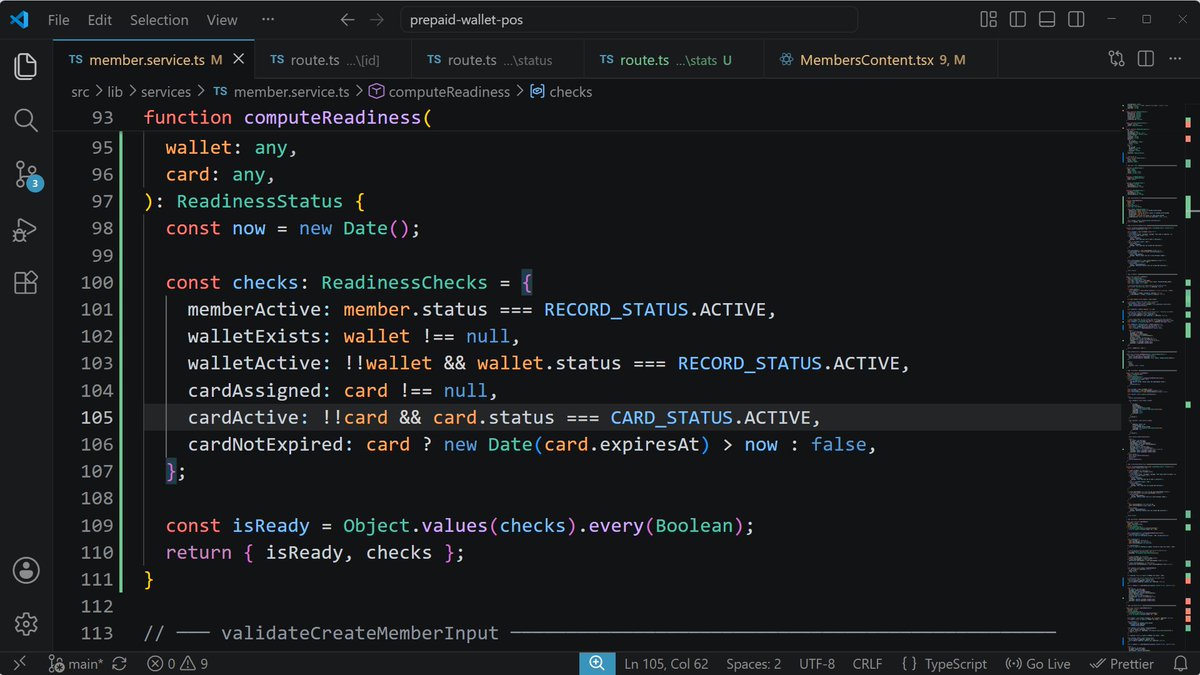 LaxmiCodes's tweet photo. Prepaid Wallet System
Members module done  Parallel $in queries for wallets/cards, computed readiness badges, and countDocuments() for instant stats. 
Week 5: Cards—member assignments will automatically flip readiness to green. #buildinpublic #NextJS #MongoDB https://t.co/4sL5UnUXVt