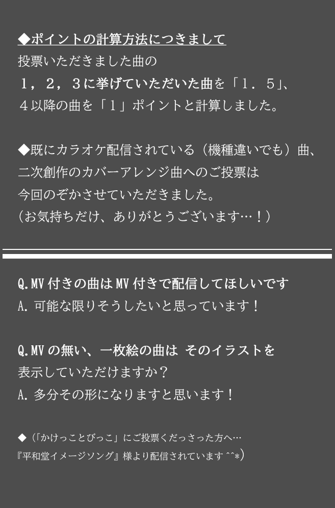 1t0lc1's tweet photo. 【カラオケで歌いたい糸奇はな曲アンケート】7月4日・途中結果発表～
現在66通、計52曲へのアンケートのご回答をありがとうございます！
同位の曲や、接戦な順位の曲も多く…皆様のお気持ち、とてもうれしいです。→ https://t.co/WfeIuL6yb1