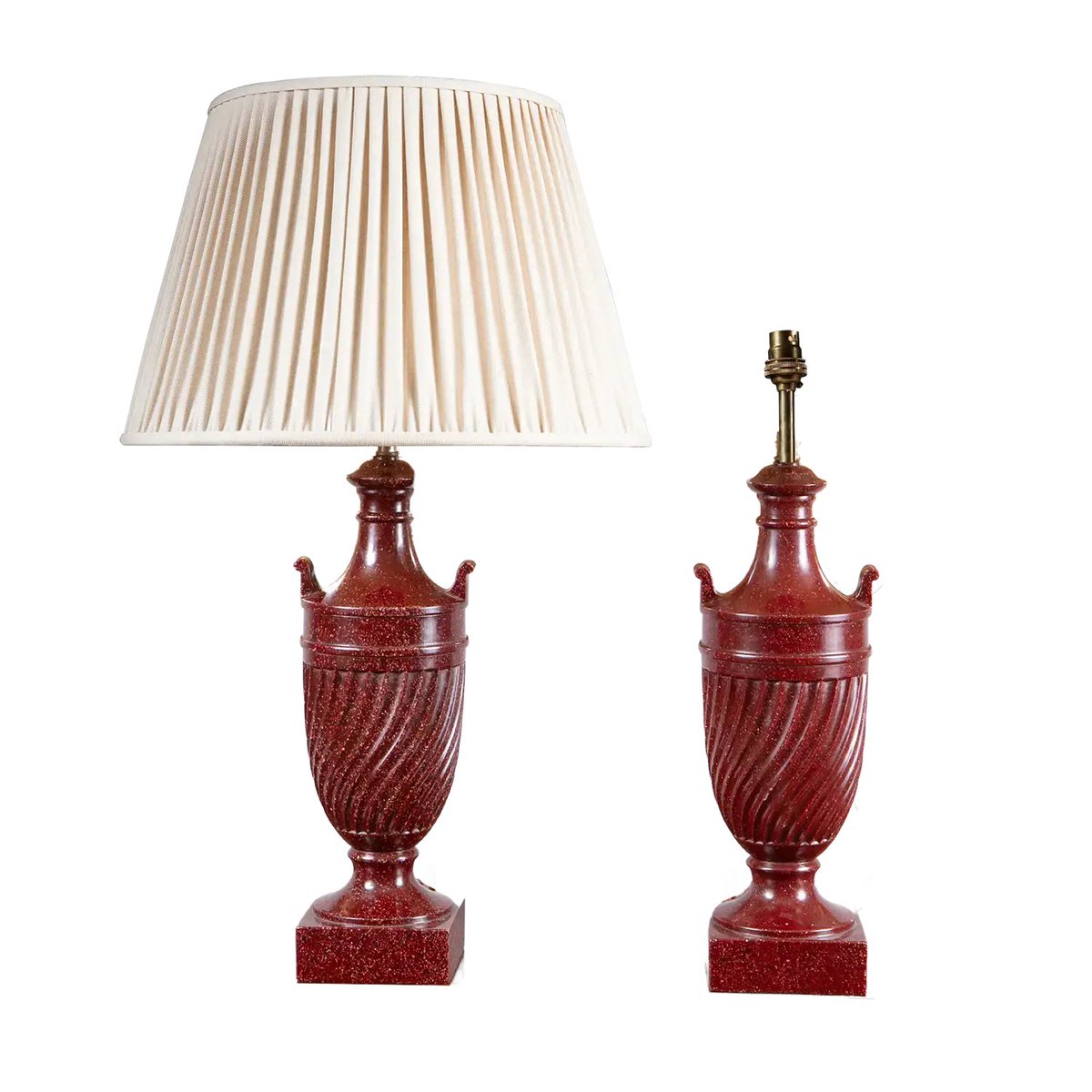 Fine_Antiques's tweet photo. Classical urns reborn as table lamps in faux porphyry—veined, volcanic tones that bring a museum-like calm to mantels and side tables. Perfect for considered interiors that favour quiet, flattering light. #antiques #HomeDecor Tap the link in bio. https://t.co/pzitMNQ9Xq