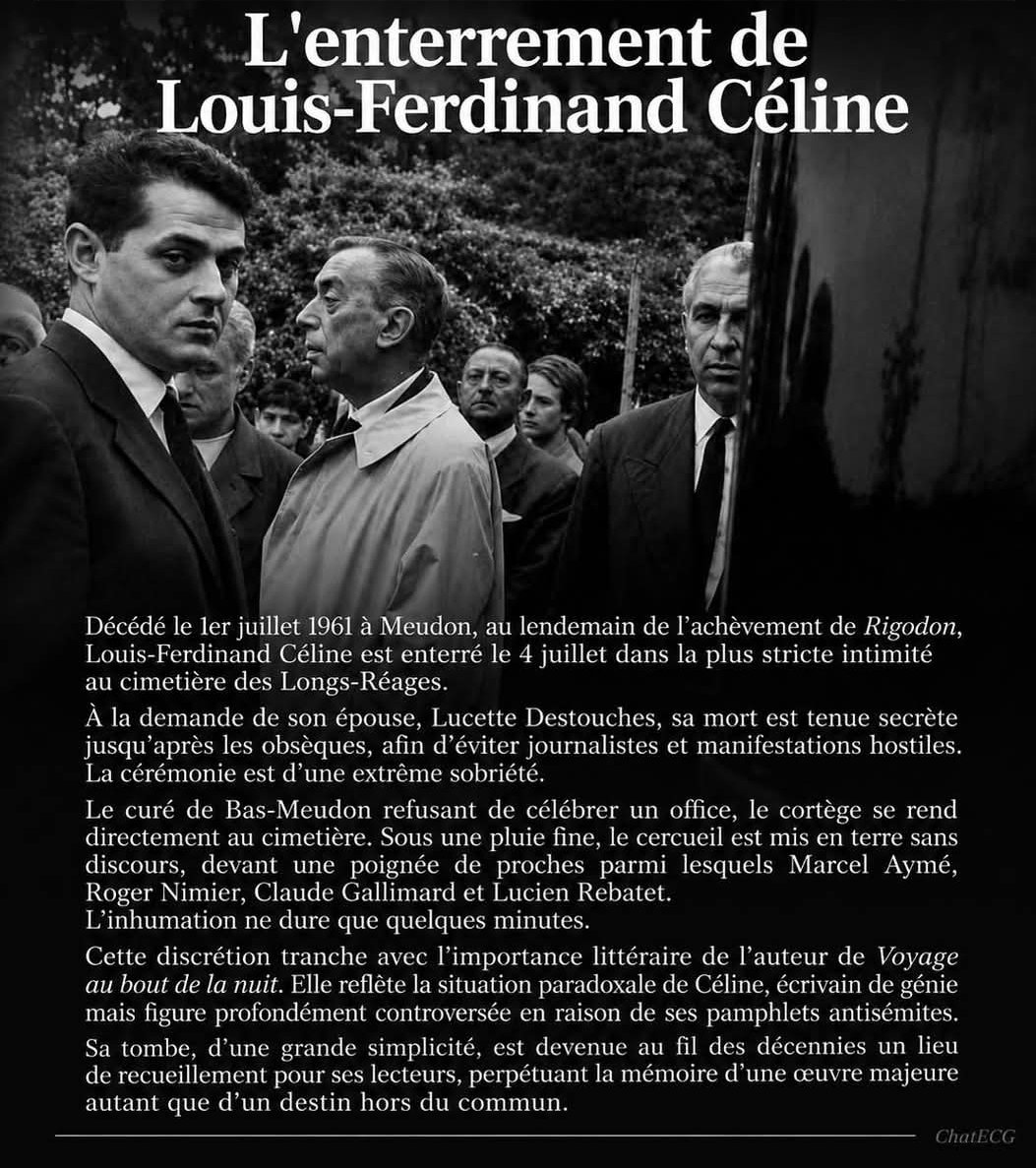 L_F_Saline's tweet photo. 4 juillet 1961 : enterrement de Louis-Ferdinand Céline au cimetière des longs réages à Meudon . 

« La vérité, c'est une agonie qui n'en finit pas. La vérité de ce monde, c'est la mort. Il faut choisir, mourir ou mentir. »

— Voyage au bout de la nuit https://t.co/g5Rj0TEbtZ