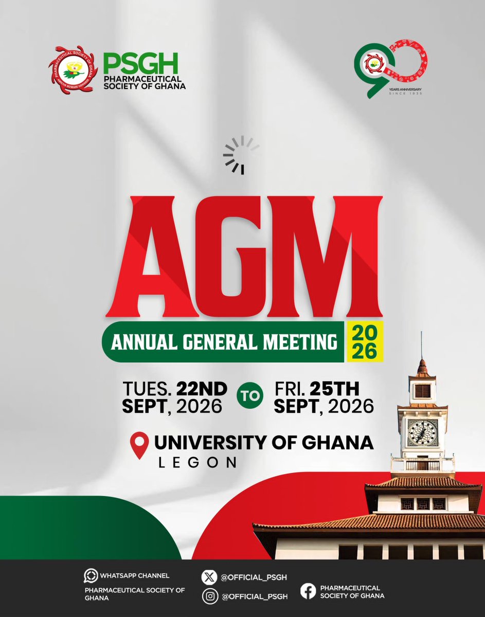 PSGhAshanti's tweet photo. The PSGH AGM 2026 is the grand finale of 90 years of pharmacy in Ghana, and you cannot afford to miss it

📍University of Ghana, Legon.
📅 Tuesday 22nd to Friday 25th September 2026

The greatest stop is always the last one 🚂🇬🇭

Watch this space
#PSGHat90
#ScienceImpactLegacy https://t.co/dX13nA2asf