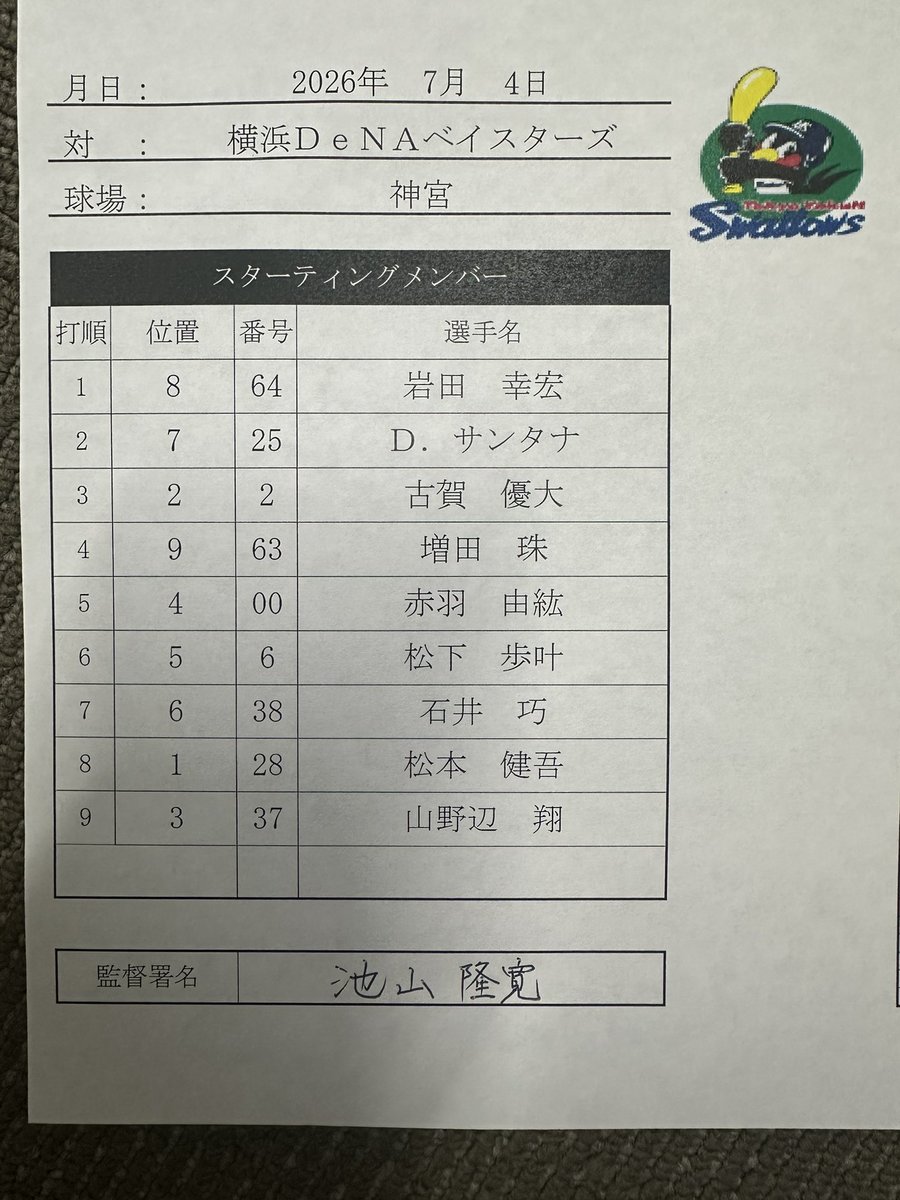 swallowspr's tweet photo. 7月4日（土）
vs.横浜DeNAベイスターズ
東京ヤクルトスワローズ
本日のスタメン
#swallows
#燕心全開 https://t.co/lUkj4msKfz