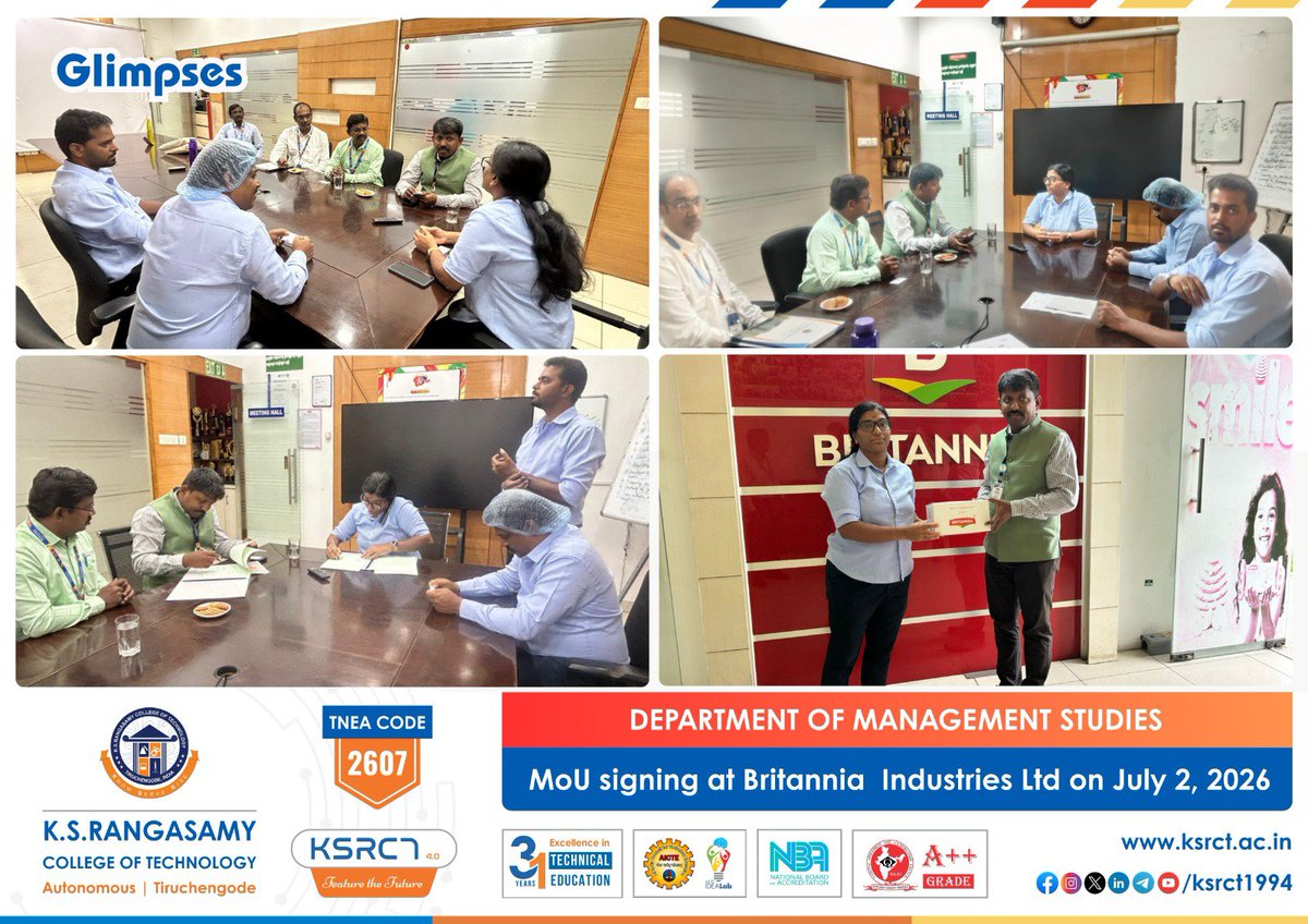 ksrct1994's tweet photo. Glimpses !!
Memorandum of Understanding (MoU) with Britannia Industries Ltd, Perundurai on 02.07.2026 at Britannia Industries , Perundurai.
#KSRCT #DepartmentOfManagementStudies #MoUSigning #BritanniaIndustries #IndustryAcademia #IndustryInstituteInteraction https://t.co/CwG1rBIQx5