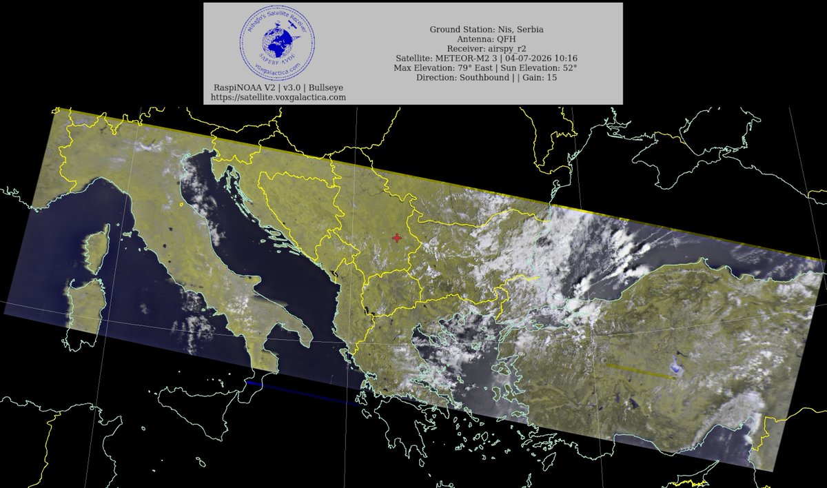 MihajloPi's tweet photo. 🇷🇸Ground Station: Nis, Serbia METEOR-M2 3 04-07-2026 10:00 CEST  Max Elev: 79° E Sun Elevation: 52° Gain: 15 | Southbound

#NOAA #NOAA15 #NOAA18 #NOAA19 #MeteorM2_3 #MeteorM2_4 #weather #weathersats #APT #LRPT #wxtoimg #MeteorDemod #rtlsdr #gpredict #raspberrypi #RN2 #ISS https://t.co/cgpU2laxnX