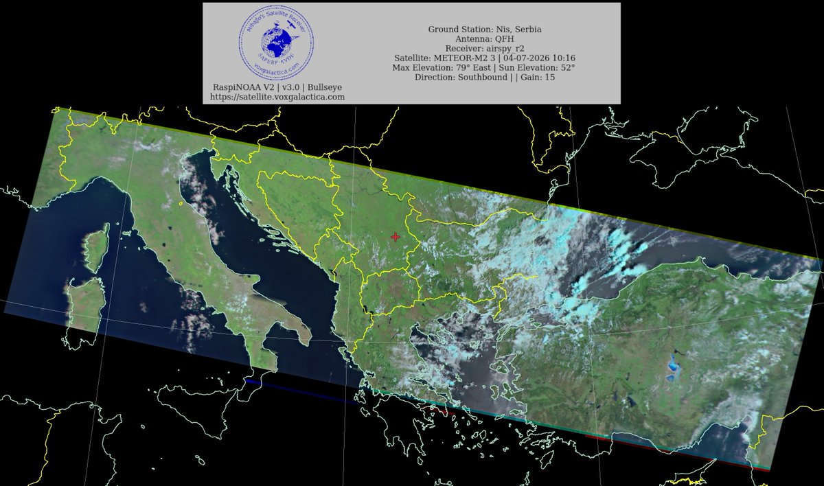 MihajloPi's tweet photo. 🇷🇸Ground Station: Nis, Serbia METEOR-M2 3 04-07-2026 10:00 CEST  Max Elev: 79° E Sun Elevation: 52° Gain: 15 | Southbound

#NOAA #NOAA15 #NOAA18 #NOAA19 #MeteorM2_3 #MeteorM2_4 #weather #weathersats #APT #LRPT #wxtoimg #MeteorDemod #rtlsdr #gpredict #raspberrypi #RN2 #ISS https://t.co/cgpU2laxnX