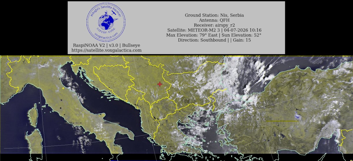 MihajloPi's tweet photo. 🇷🇸Ground Station: Nis, Serbia METEOR-M2 3 04-07-2026 10:00 CEST  Max Elev: 79° E Sun Elevation: 52° Gain: 15 | Southbound

#NOAA #NOAA15 #NOAA18 #NOAA19 #MeteorM2_3 #MeteorM2_4 #weather #weathersats #APT #LRPT #wxtoimg #MeteorDemod #rtlsdr #gpredict #raspberrypi #RN2 #ISS https://t.co/cgpU2laxnX