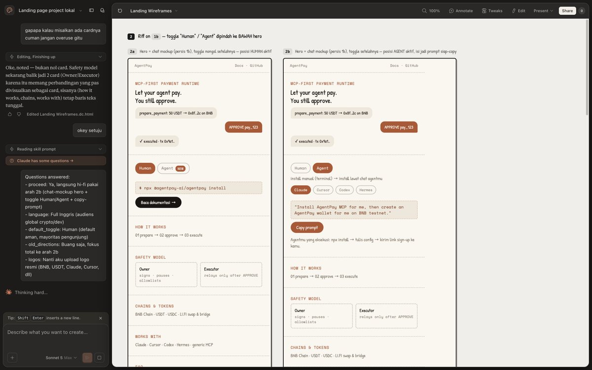 0xKayz_'s tweet photo. Lagi eksplor bikin wireframe landing page pakai Claude Design dengan Claude Sonnet 5 Max.
Flow-nya enak banget: tinggal kasih arahan, revisi, compare layout, lanjut refine.
Yang menarik, usage-nya hemat — nggak seboros yang kukira. https://t.co/jzhorFICV7
