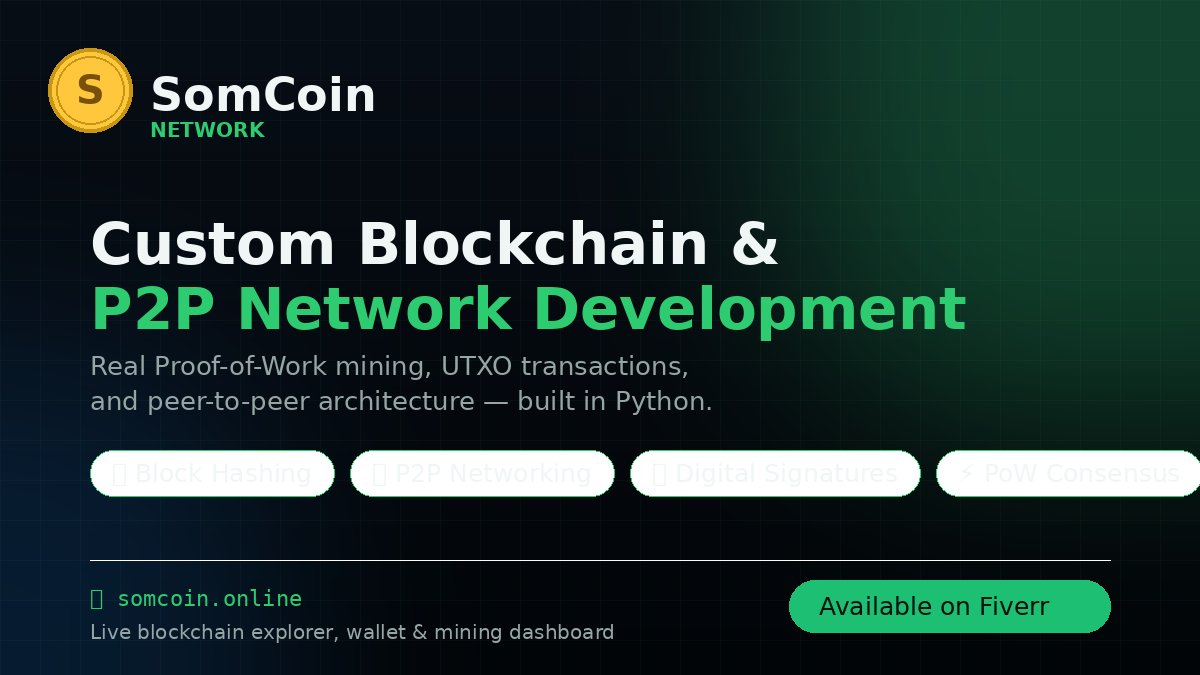 Somcoincom's tweet photo. 🧠 Learning blockchain development is hard — building one from scratch is harder.

I've done it. SomCoin runs live with real mining, wallets, and a full explorer

Check the network: https://t.co/MMVLUNoydC
Need one built for you? https://t.co/Na15VpWhNG
#100DaysOfCode #Blockchain https://t.co/7JuygJzJb1