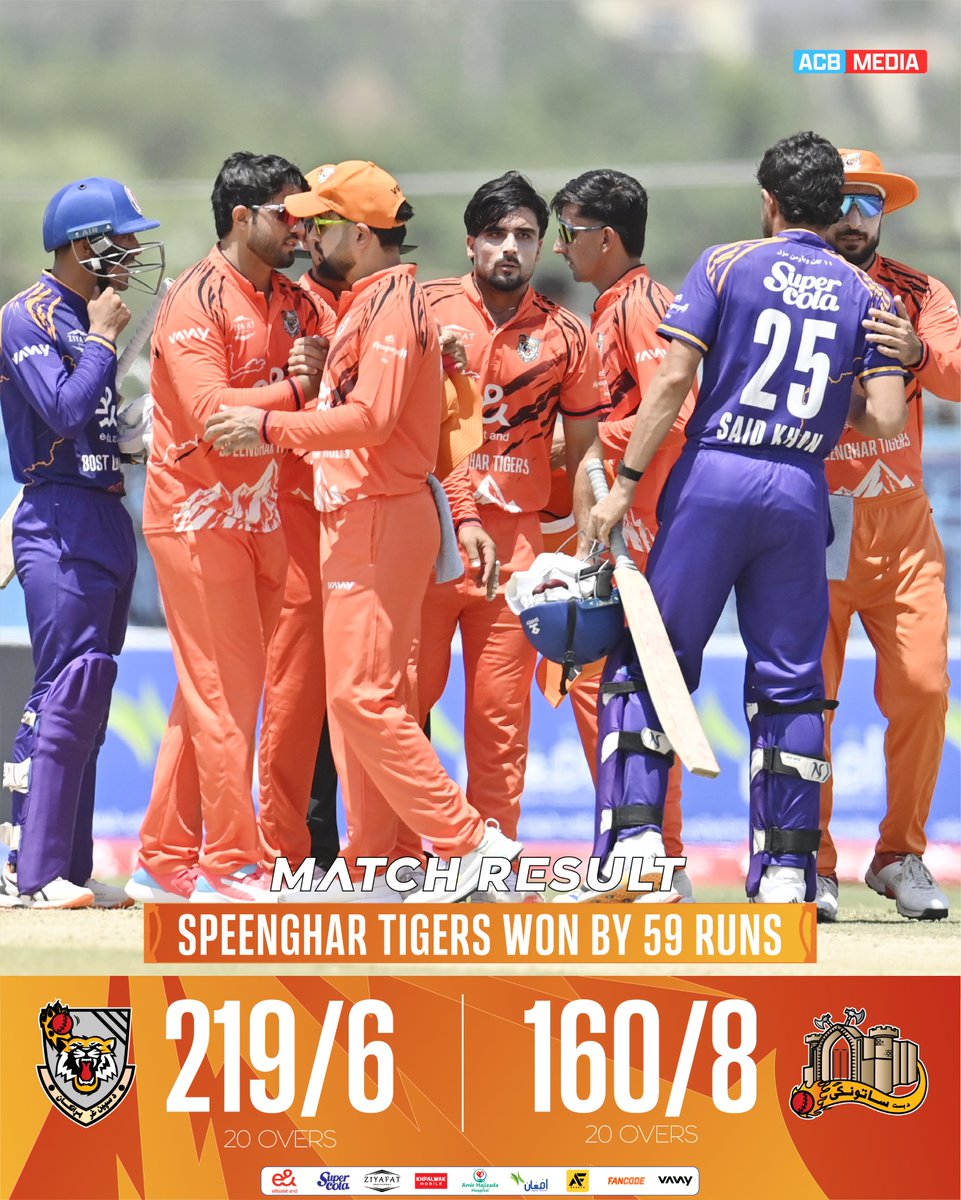 ACBofficials's tweet photo. RESULT | SPEENGHAR TIGERS WON BY 59 RUNS 🚨

The Speenghar Tigers have put on a terrific all-round performance to beat the Bost Defenders by 59 runs and register their 2nd successive victory in the e& Shpageeza Cricket League 2026, powered by SuperCola. 👏

#Shpageeza | #SCLXI | #e& – Go for More | #SuperCola – Share the Love