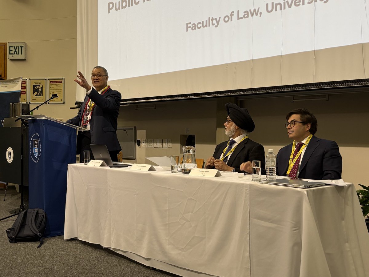UctLaw's tweet photo. The final morning plenary on “Comparative Influences in National Jurisdictions”, facilitated by Chief Justice Satie Simativa Perese (Supreme Court of Samoa), includes Lord Justice Rabinder Singh (English Court of Appeal), and Professors Charles Fombad (Uni Pretoria) and Jason Varuhas (Uni Melbourne). 

#PublicLawConference2026
#ConstitutionalDemocracy