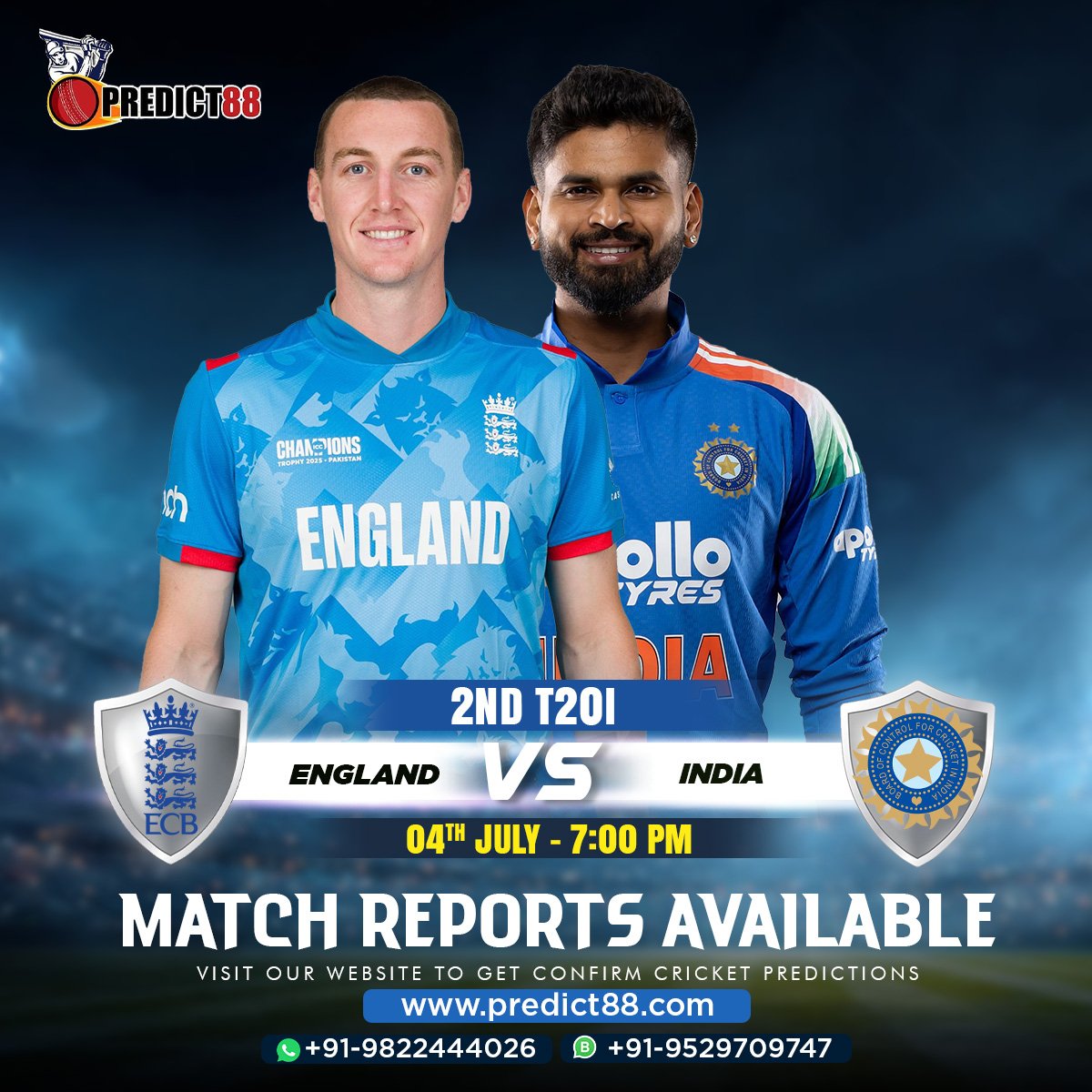 Predict88cricke's tweet photo. INDIA TOUR OF ENGLAND 2026

2ND T20I
ENGLAND VS INDIA

GET 100% GUARANTEED MATCH REPORTS

#predict88 #matchreport #matchprediction https://t.co/pMYGi7sLQH