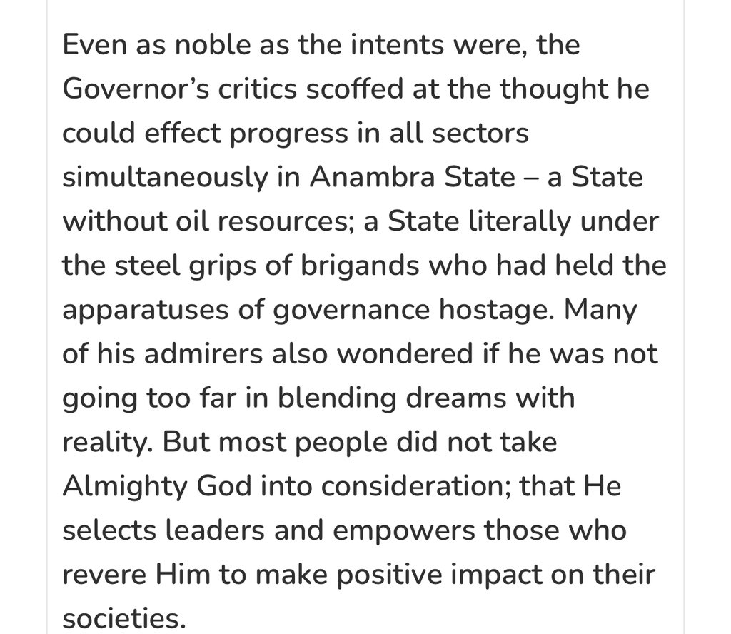 i_am_agbeke's tweet photo. Vanguard of February 12, 2012 had this to say about His Excellency, Mr. Peter Obi:

“Even as noble as the intents were, the Governor’s critics scoffed at the thought he could effect progress in all sectors simultaneously in Anambra State – a State without oil resources; a State literally under the steel grips of brigands who had held the apparatuses of governance hostage.

Many of his admirers also wondered if he was not going too far in blending dreams with reality. But most people did not take Almighty God into consideration; that He selects leaders and empowers those who revere Him to make positive impact on their societies.”

Those are not my words.

Peter Obi is, in my opinion, the kind of leader built for difficult times like the one Nigeria is currently facing. He has shown the ability to navigate challenges when many leaders would either buckle under pressure or simply lack the mental capacity to move the country forward.

If you have other personal reasons for not voting for Peter Obi, that's your choice.

But it obviously cannot be because of capacity, competence or integrity. 🫩