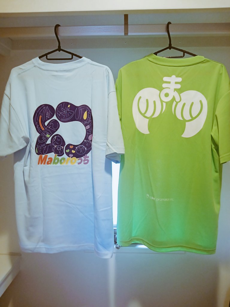 cameraobake4's tweet photo. この夏を共にするＴシャツ試着👕

㊧Maboroっち🩵（グループＴ）
㊨まねきケチャ💚（堀内すずさんver.）

着用前は、水色にグリーンに「私にはちょっと派手だな(・・;)」て思ってたけど、今までもっと強いの（👼🌸の生誕Ｔとか）着たことあるからそれに比べれば全然平気だた(*´ー｀*)✌ https://t.co/SO5DOPXrhi