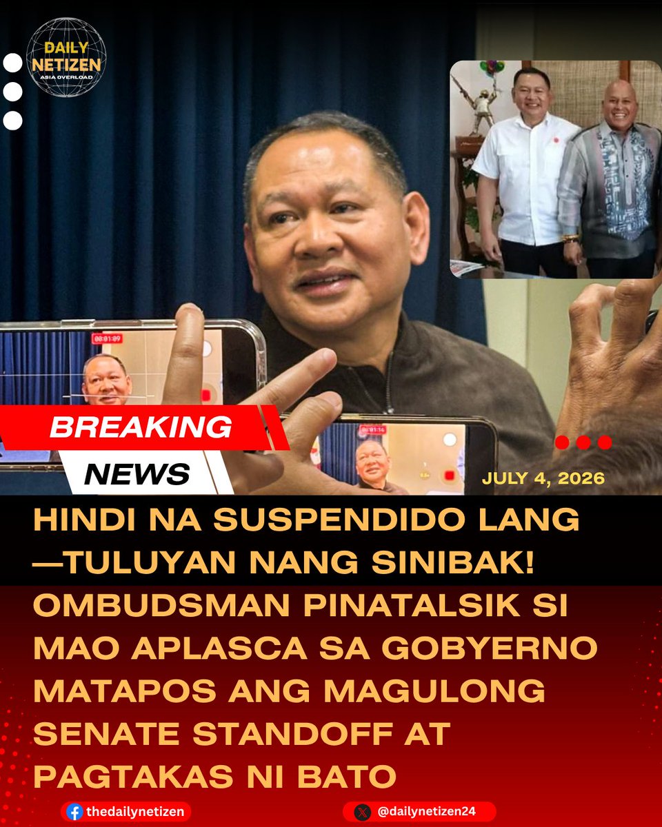 dailynetizen24's tweet photo. BREAKING: HINDI NA SUSPENDIDO LANG—TULUYAN NANG SINIBAK! OMBUDSMAN PINATALSIK SI MAO APLASCA SA GOBYERNO MATAPOS ANG MAGULONG SENATE STANDOFF AT PAGTAKAS NI BATO

Mula sa preventive suspension, nauwi na sa pinakamatinding administrative penalty.

Tuluyan nang idinismiss ng Office of the Ombudsman si retired PNP Major General Mao Ranada Aplasca sa serbisyo ng gobyerno kaugnay ng kanyang papel sa kontrobersyal na insidente sa Senado na nauwi sa putukan at kalaunan ay sa pagtakas ni Sen. Ronald "Bato" dela Rosa, na hinahanap sa ilalim ng warrant ng International Criminal Court (ICC).

Ang dismissal order ay nilagdaan ni Ombudsman Jesus Crispin "Boying" Remulla noong bandang Hunyo 29 at inanunsyo niya mismo nitong Sabado, Hulyo 4, sa isang panayam sa radyo.

"Acting Sergeant-at-Arms in the Senate and Sergeant-at-Arms of the Commission on Appointments, we have dismissed from service," ayon kay Remulla.

Malaki ang kaibahan nito sa naunang anim na buwang preventive suspension na ipinataw kay Aplasca noong Mayo. Ang preventive suspension ay pansamantalang hakbang lamang habang iniimbestigahan ang isang opisyal upang hindi nito maimpluwensiyahan ang kaso o mga ebidensya.

Ngayon, iba na ang sitwasyon.

Ang dismissal from government service ay nangangahulugang permanenteng tanggal sa puwesto, posibleng pagkawala ng ilang retirement at iba pang government benefits, at maaari ring magbawal sa kanya na muling makapaglingkod sa gobyerno, isang administratibong parusang mas mabigat kaysa simpleng suspensyon.

Ang kaso ay may kaugnayan sa magulong standoff noong Mayo 13 sa loob ng Senado, kung saan pinigil umano ni Aplasca at ng kanyang mga tauhan ang operasyon ng NBI na arestuhin si Dela Rosa.

Batay sa mga naunang imbestigasyon, si Aplasca umano ang nagpaputok ng unang warning shot, bagay na lalong nagpaigting sa tensyon. Ilang oras matapos ang insidente, nakatakas si Dela Rosa mula sa protective custody ng Senado at hanggang ngayon ay nananatiling pinaghahanap.

Bukod sa security lapses, nahaharap din si Aplasca sa iba pang mga reklamo kaugnay ng umano'y obstruction of justice at sa kanyang naging papel sa pagtakas ng senador.

Habang hinihintay ang buong resolusyon ng Ombudsman, lumalakas ang panawagan ng maraming netizens na papanagutin din ang lahat ng opisyal na tumulong o umano'y nagbigay-daan sa pagtakas ng isang taong may umiiral na international arrest warrant.

Bukod sa agarang pagkawala ng kanyang mga posisyon bilang Acting Senate Sergeant-at-Arms at Sergeant-at-Arms ng Commission on Appointments, maaari ring magkaroon ng mas mabibigat na epekto ang dismissal. 

Sa ilalim ng mga patakaran sa civil service, ang dismissal from government service ay karaniwang may kasamang pagkansela ng eligibility, forfeiture ng retirement at iba pang benepisyo (maliban sa accrued leave credits kung naaangkop), at perpetual disqualification sa muling paghawak ng anumang posisyon sa gobyerno. 

Gayunman, ang eksaktong saklaw ng mga parusang ito ay nakadepende pa rin sa pinal na nakasulat na desisyon ng Office of the Ombudsman, na inaasahang ilalabas sa mga susunod na araw.