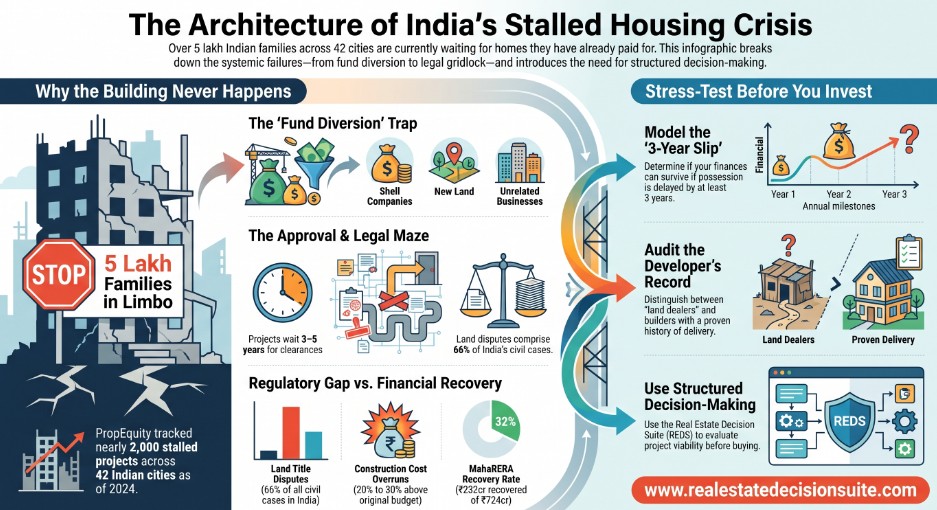 REDSFrameworks's tweet photo. 5 lakh Indian families are waiting for a home they've already paid for.
Not a rumour. PropEquity tracked nearly 2,000 stalled projects across 42 cities as of 2024. The money is gone. The building isn't there.
Here's why this keeps happening:

1. Your money built someone else's project.
Developers collect advances from buyers and quietly divert them to new land purchases, older loans, or entirely different launches. Forensic auditors in landmark cases found funds routed to shell companies, personal accounts, and unrelated businesses. The project you paid for was funding a project you'd never heard of.

2. The approval maze swallows years.
Environmental clearances, municipal NOCs, layout sanctions, fire department approvals — some projects wait 3 to 5 years just to legally break ground. RERA itself does not address delays caused by government approval bodies. The developer isn't always the problem. The system often is.

3. Projects are sold before they're viable.
Launches happen on ambition, not secured funding. When sales slow down mid-project, the cash pipeline collapses. Construction doesn't fail dramatically — it just quietly stops.

4. Land titles were never clean to begin with.
66% of all civil cases in India are land and property disputes. Developers sometimes begin construction on land with unresolved ownership claims, family disputes, or encumbrances. One legal challenge from one co-owner can freeze an entire project for years.

5. Construction costs blow past original estimates.
Material costs, labour shortages, and supply chain disruptions routinely push project costs 20 to 30% above what was budgeted at launch. Developers who priced tightly have no buffer. The project becomes unviable to complete at the original price point.

6. Many developers are land dealers, not builders.
They're skilled at assembling land and launching projects. Actually delivering them at scale — managing contractors, timelines, and cash flows simultaneously — is a completely different capability. One many never actually had.

7. Insolvency proceedings freeze everything.
When a developer goes under, the project enters IBC proceedings. Resolution plans take years. IBC has been largely ineffective in real estate insolvencies, with most cases failing to achieve resolution and homebuyers struggling to recover their investments. Buyers are left choosing between a refund that may never come or waiting indefinitely.

8. RERA exists. Enforcement is another story.
MahaRERA — India's most advanced state regulator — recovered only ₹232 crore of ₹724 crore ordered in recovery warrants, a 32% recovery rate, as of July 2025. The orders are real. The money rarely follows.

The brochure is not the building. The launch date is not the possession date.
Every buyer deserves to ask hard questions before they sign — about the developer's completion track record, the project's funding structure, the title clarity of the land, and whether their EMI can survive a 2 to 3 year delay.

These aren't pessimistic questions. They're the ones that separate a structured decision from an emotional one.

That's exactly what REDS was built for — to help Indian homebuyers stress-test a property before they fall in love with it, not after. Tools like Crystal Ball Pro model what happens to your finances if possession is delayed. The Investment Stress Tests show whether your plan survives a rate hike or an income shock. The OD Facility Analyzer helps you stay liquid while you wait.

Feelings start the decision. Frameworks finish it.
https://t.co/TLpLMasIHm